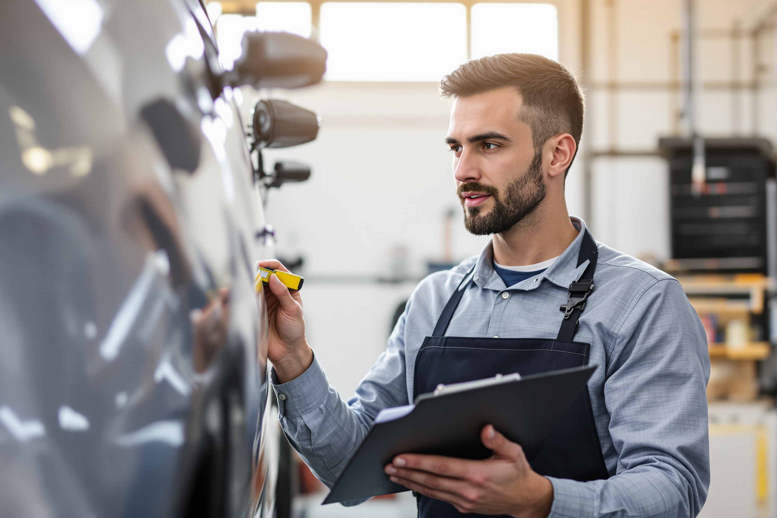 KFZ-Gutachter bei der Schadensbegutachtung