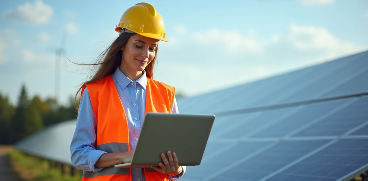Back view of female engineer using laptop at solar power plant