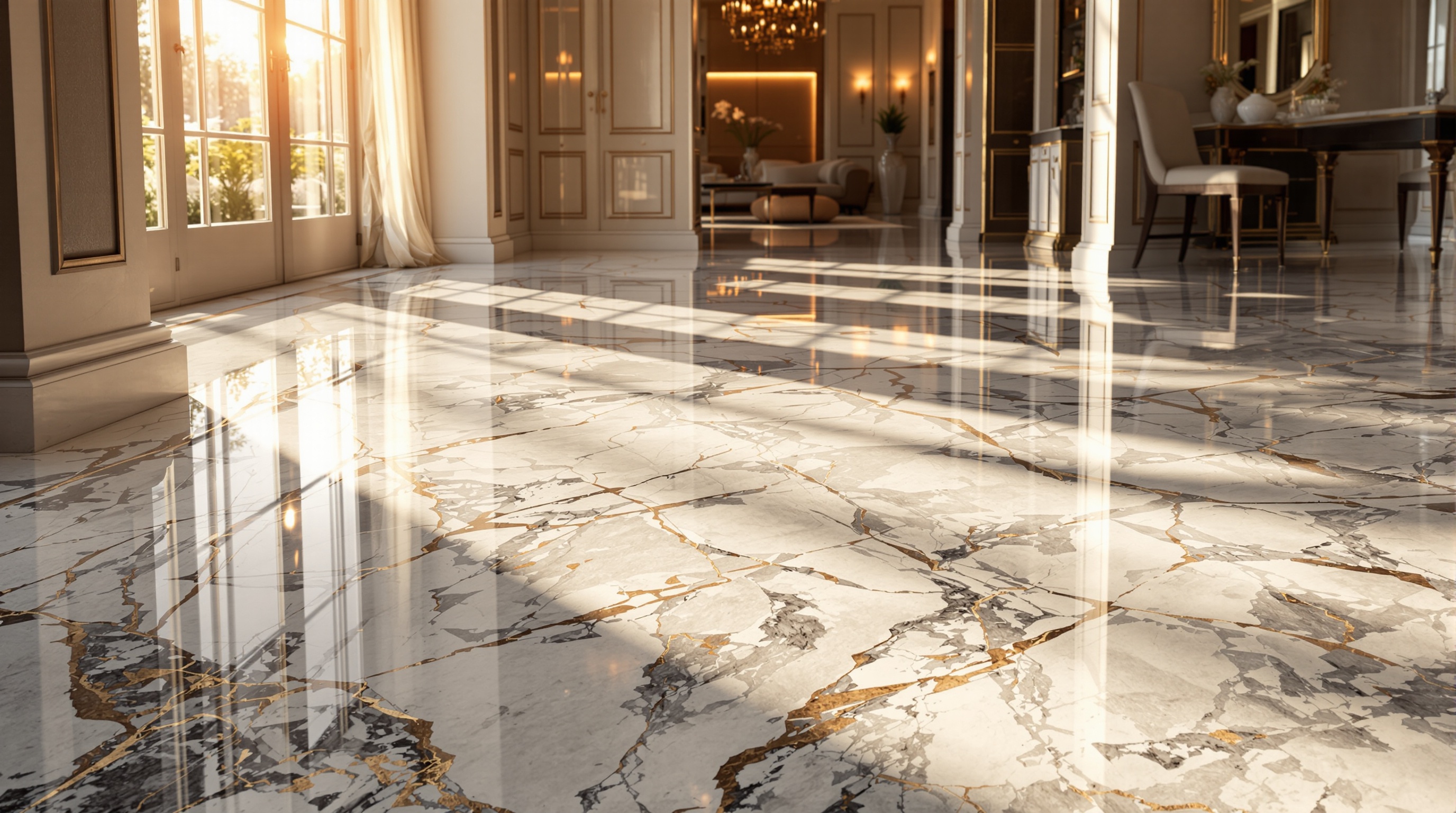 Polished marble floor in elegant Southern California home