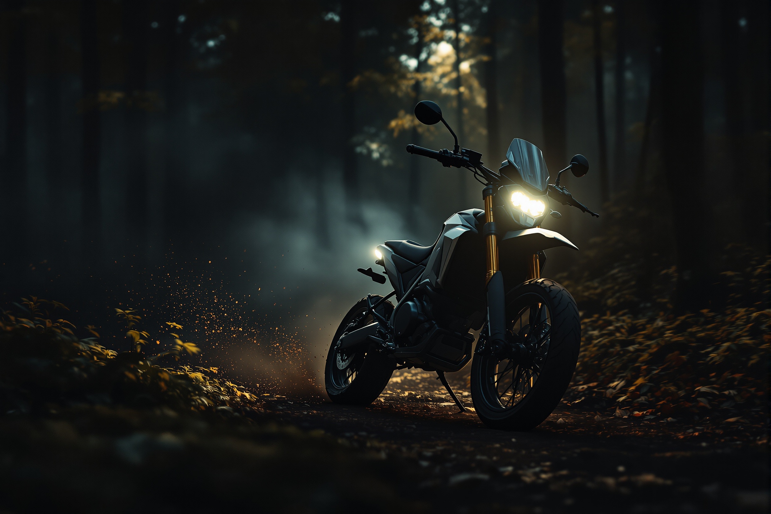 Sur-Ron electric dirt bike riding through forest trail at dusk