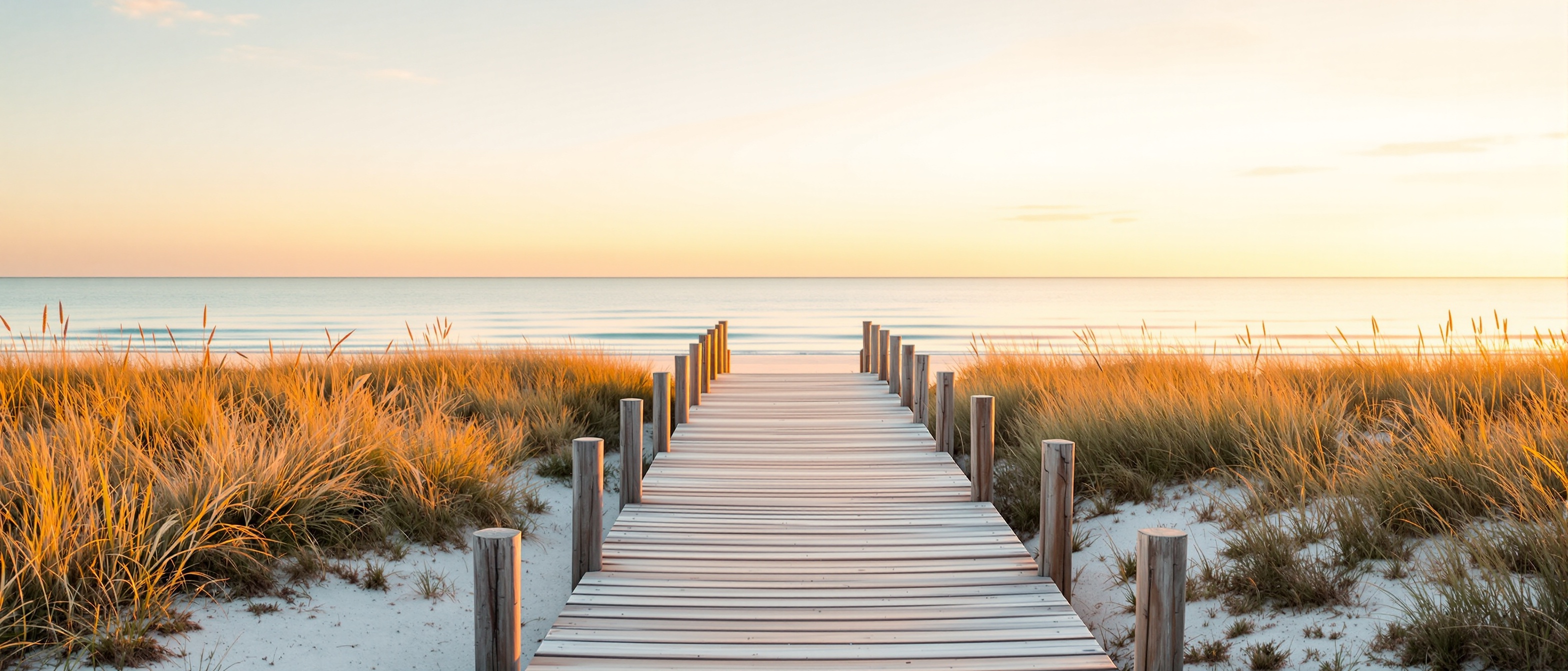 Coastal boardwalk at sunrise