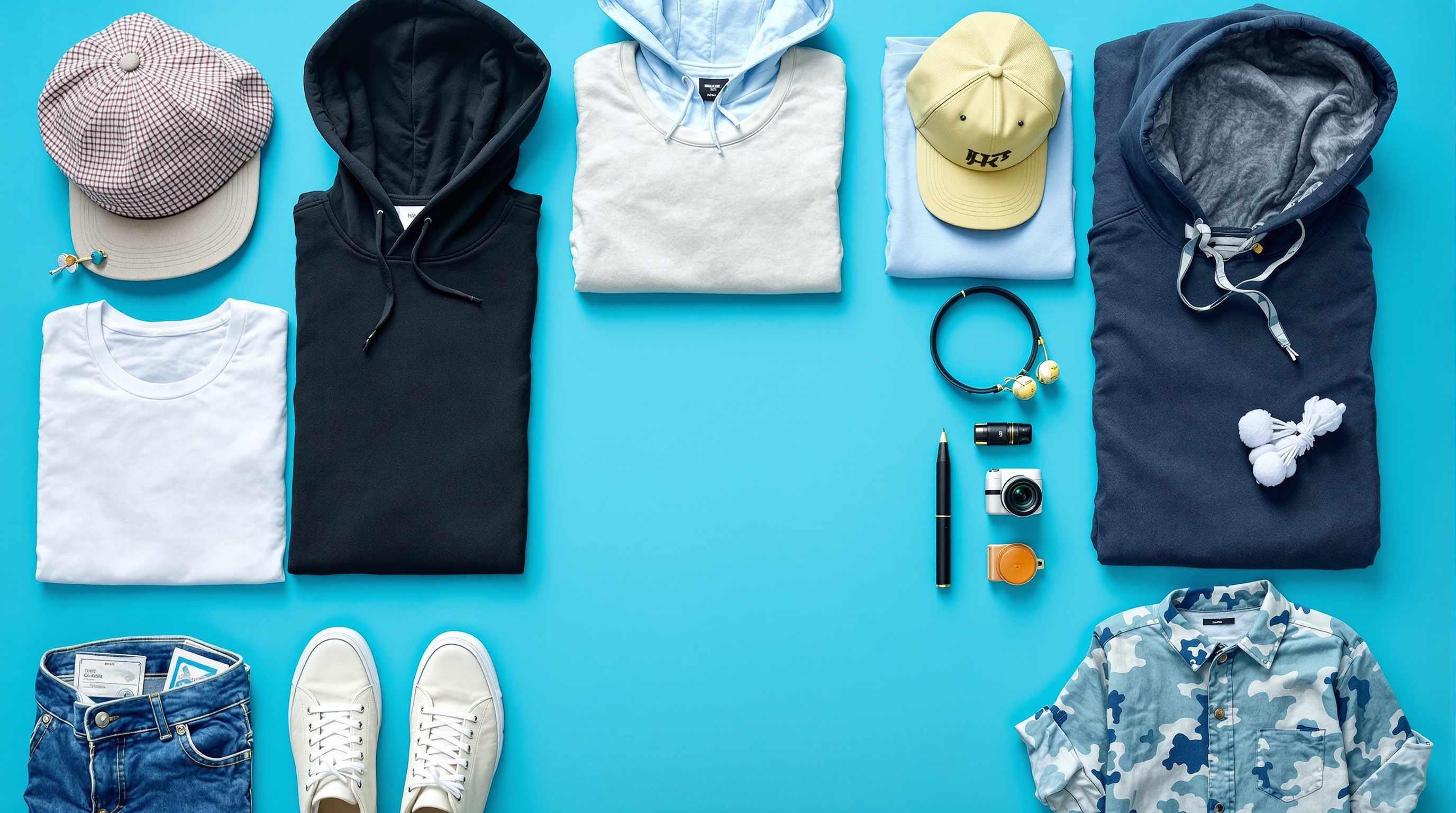 Budget fashion streetwear collection arranged on blue background