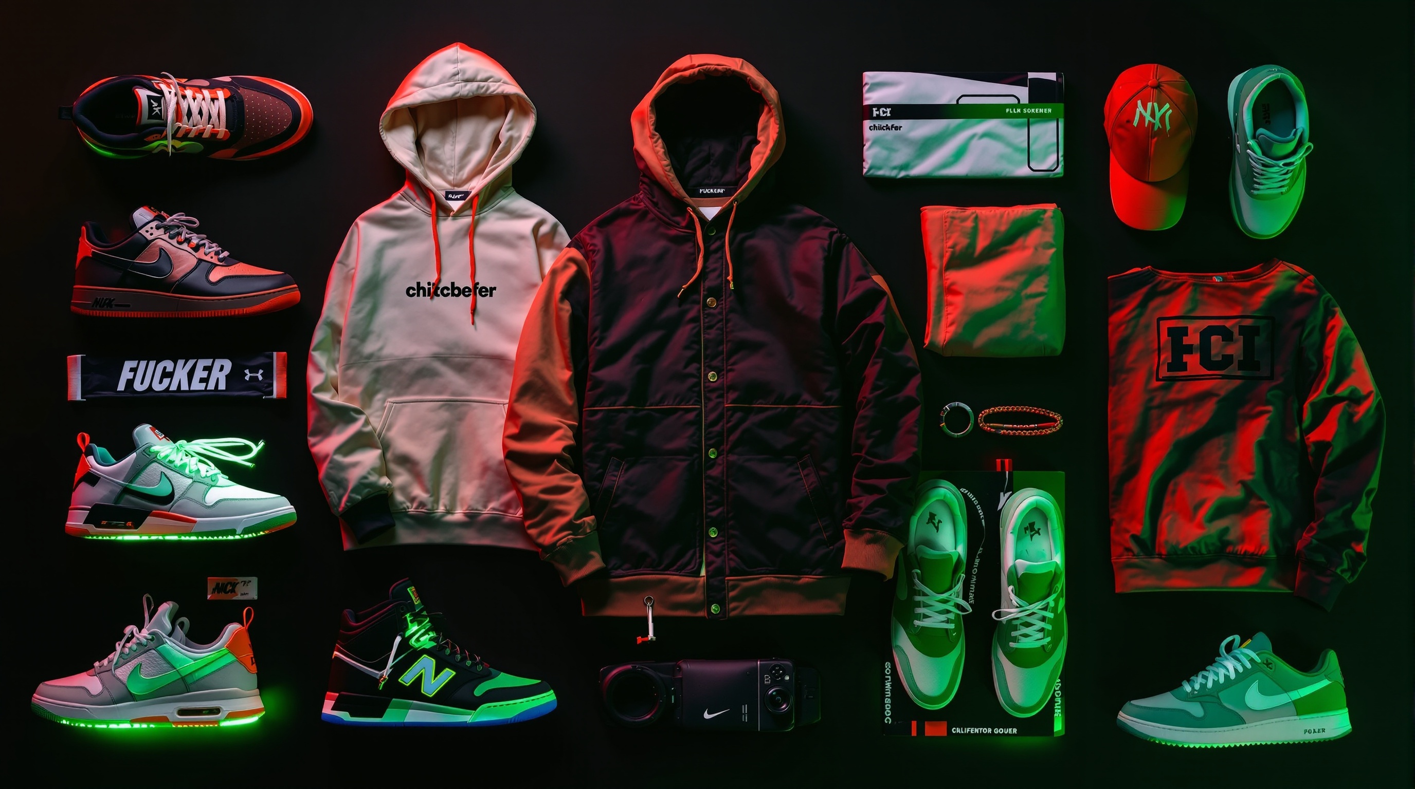 Premium fashion streetwear products flat lay