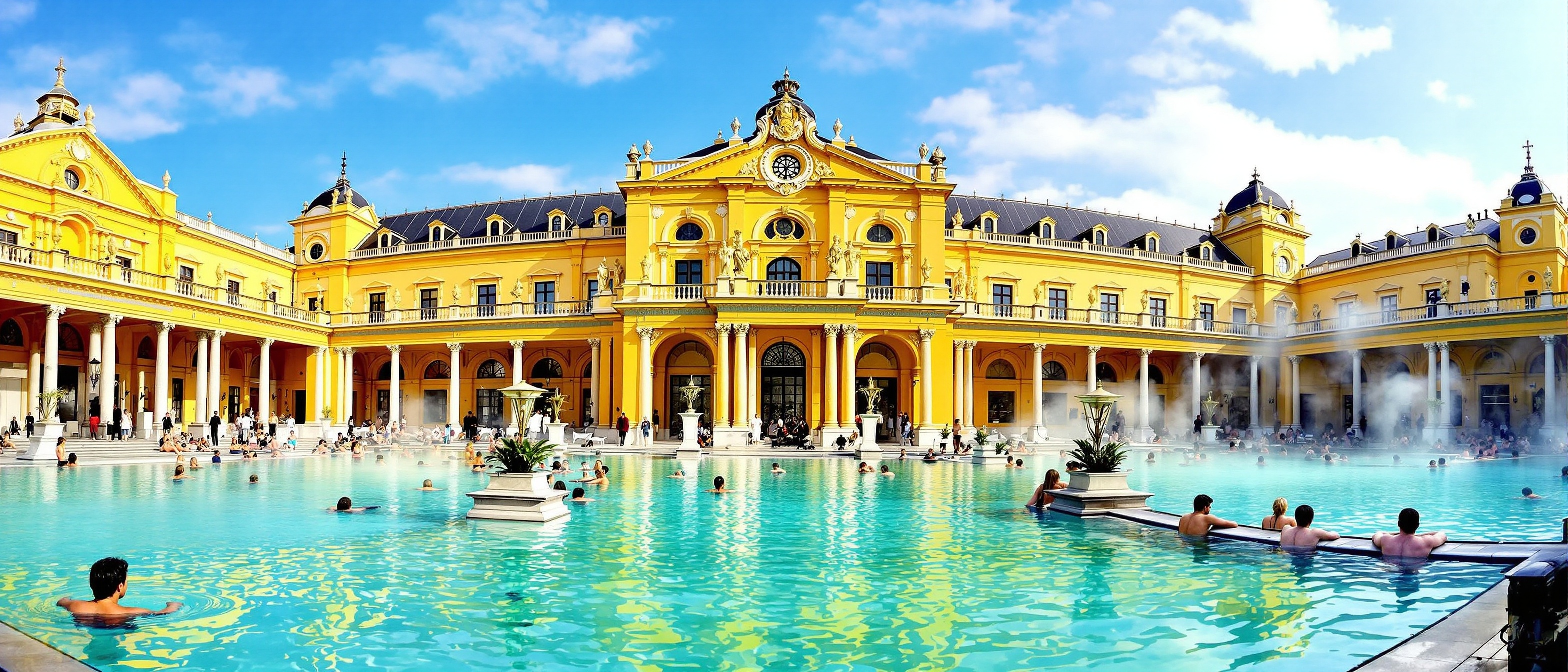 Stunning Szechenyi Thermal Bath in Budapest with grand outdoor pools filled with bright turquoise thermal water, magnificent neo baroque yellow building architecture with ornate details, people relaxing in steaming hot pools during winter, dramatic steam rising from warm water into cold air