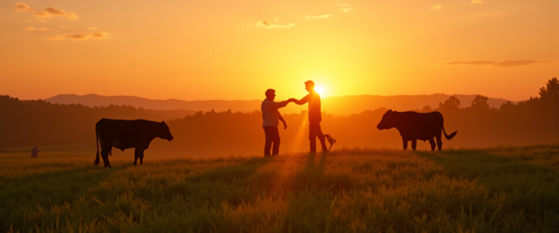 Sunset farm scene with elderly couple feeding cows