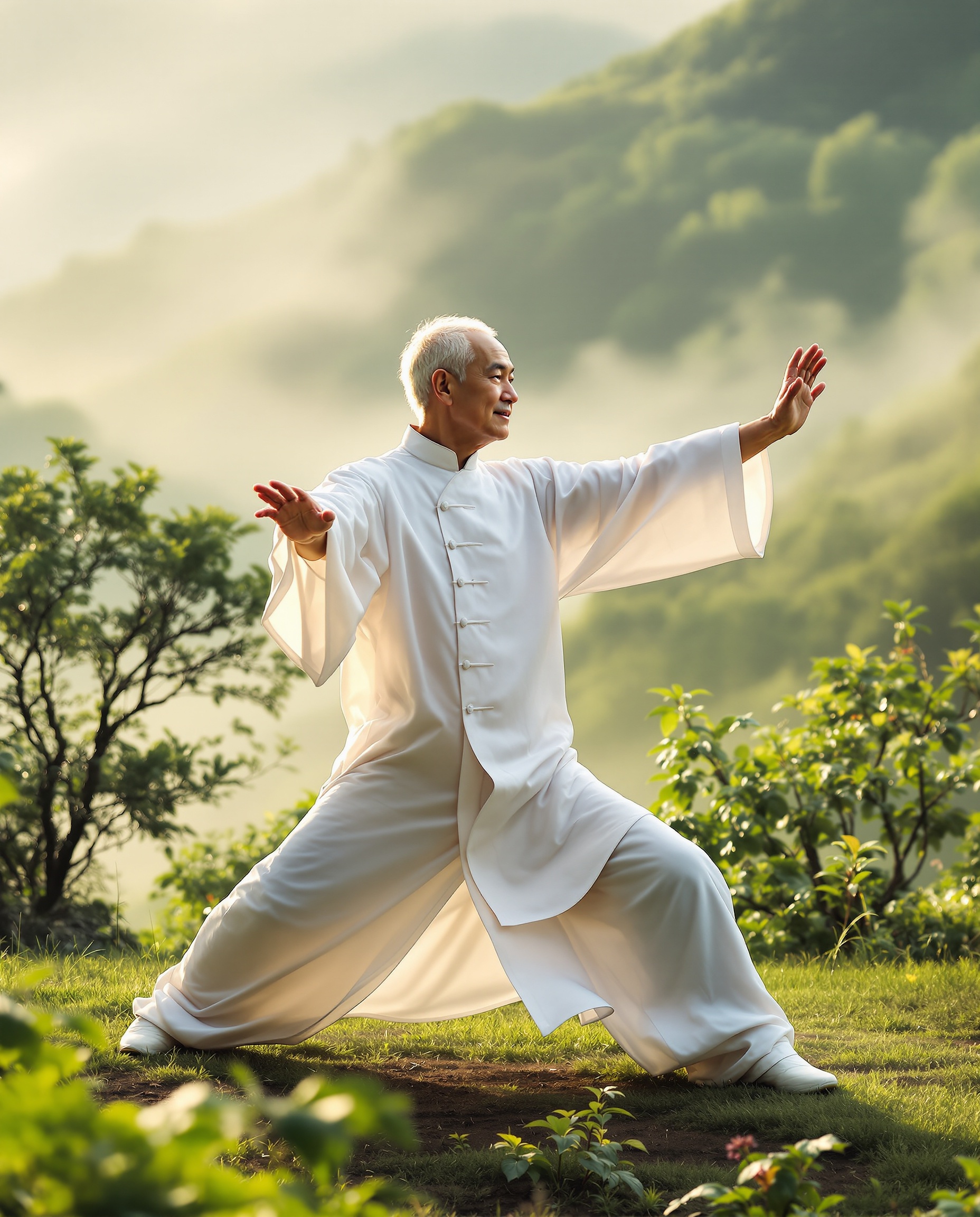 Tai Chi practitioner in flowing white robes at dawn