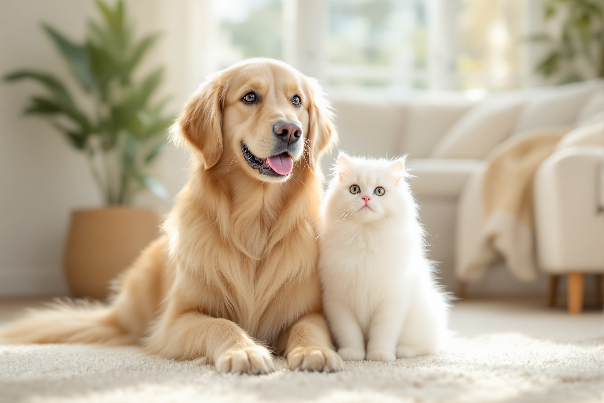 Fluffy dog and cat in clean air home
