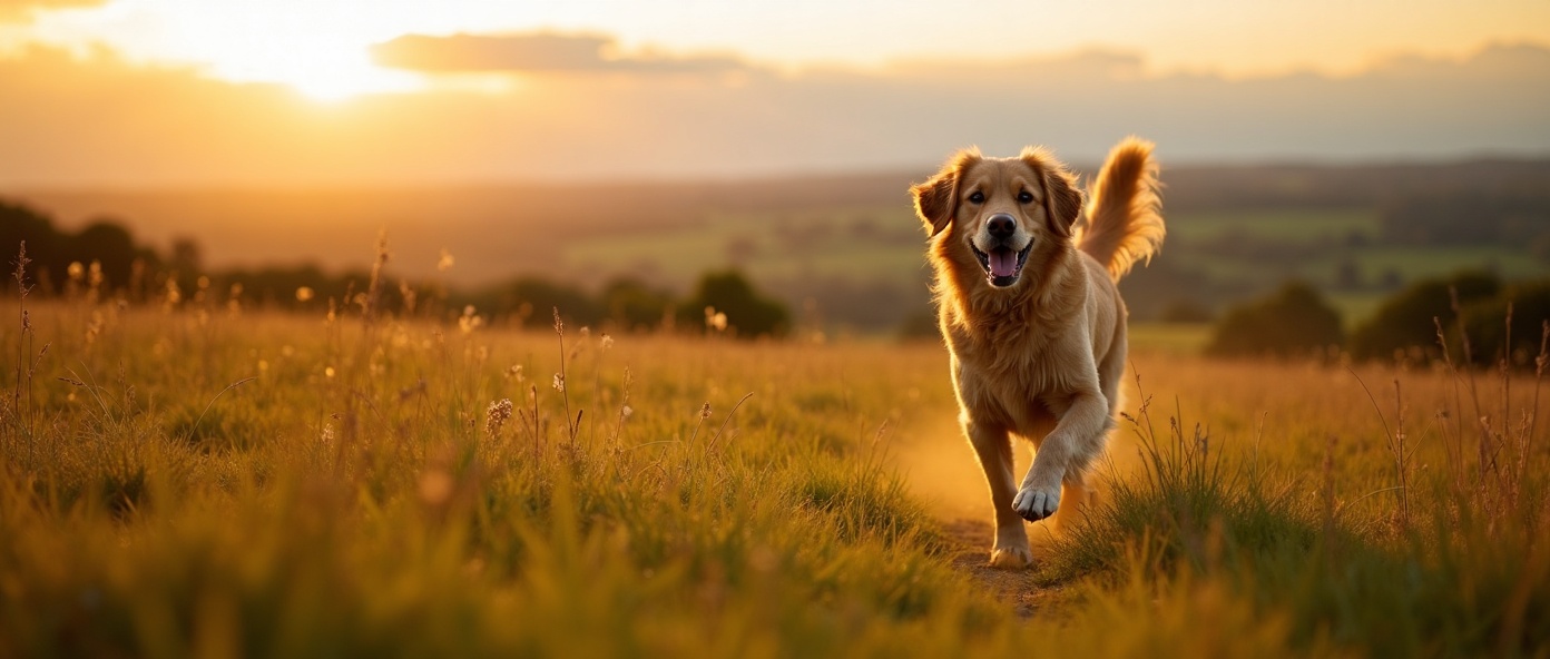 Dog running free in UK countryside
