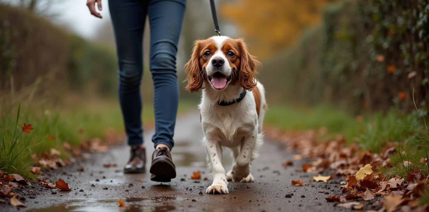 Happy dog on countryside walk