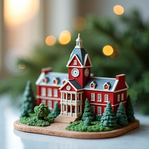 Custom resin ornament sculpted as a miniature campus building with realistic architectural details
