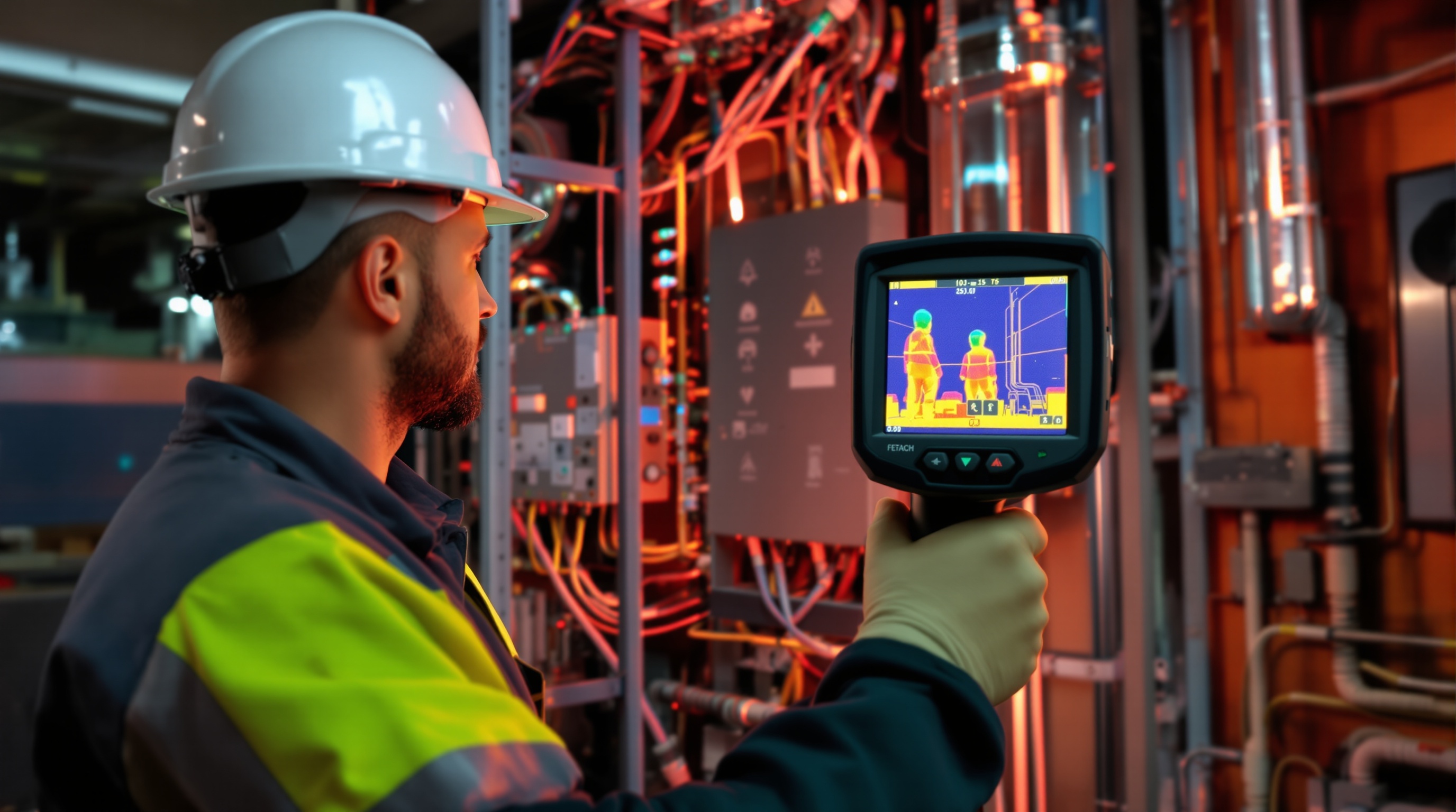 Hands holding a thermal imaging camera scanning a commercial electrical distribution board during an energy audit