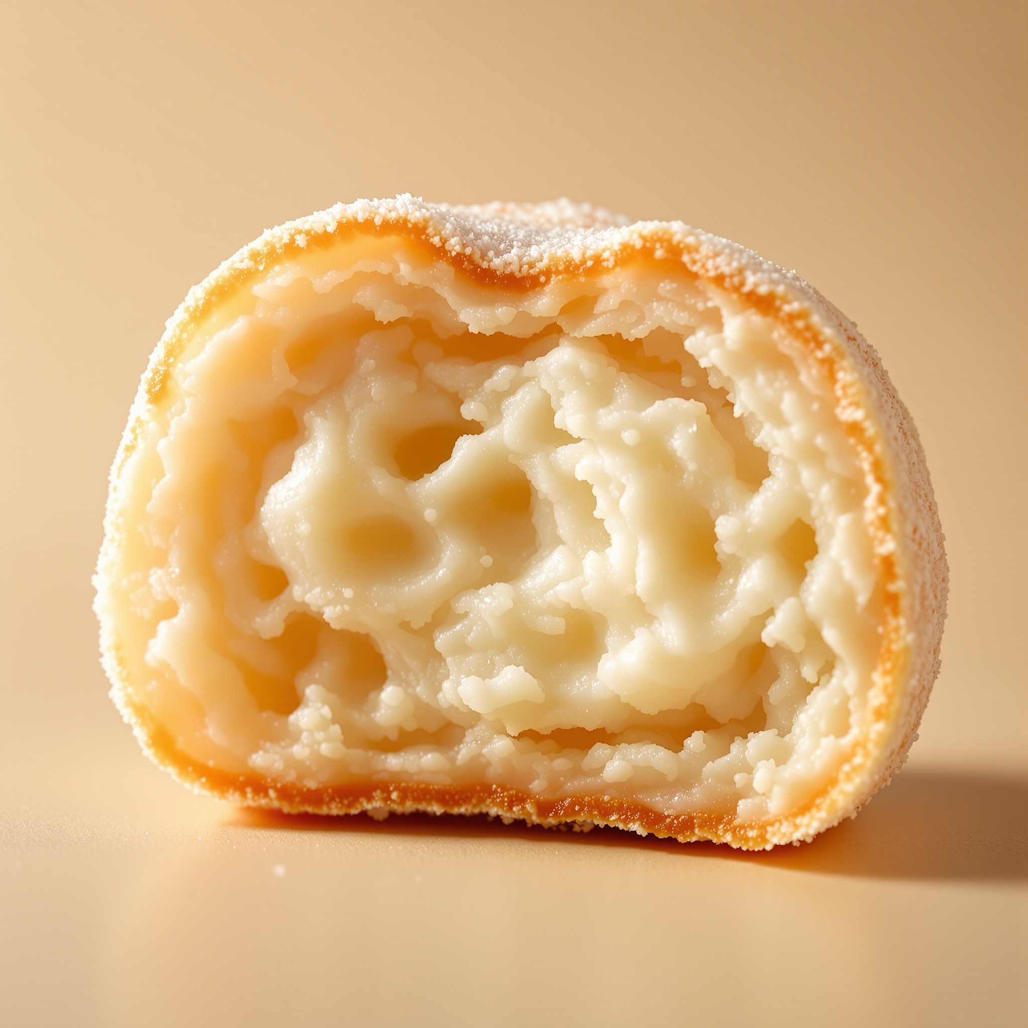 Mochi donut texture — chewy outside, cloud-light inside Mochi donut texture close-up showing chewy exterior