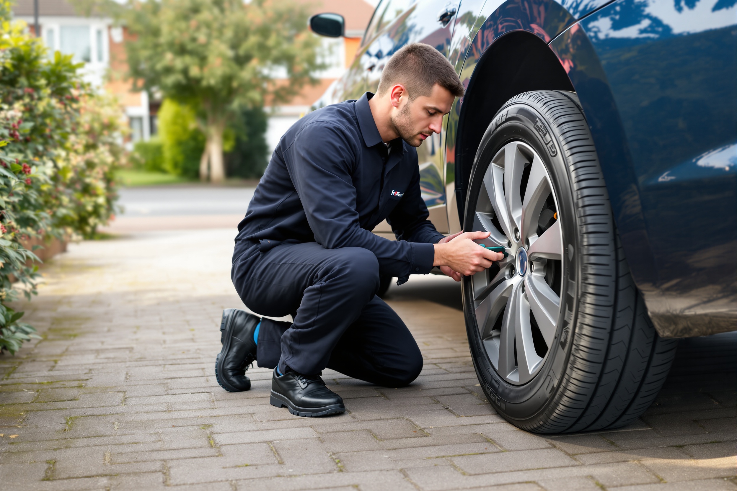 Professional mobile tyre fitting technician changing a car tyre at a residential address in Huddersfield West Yorkshire UK