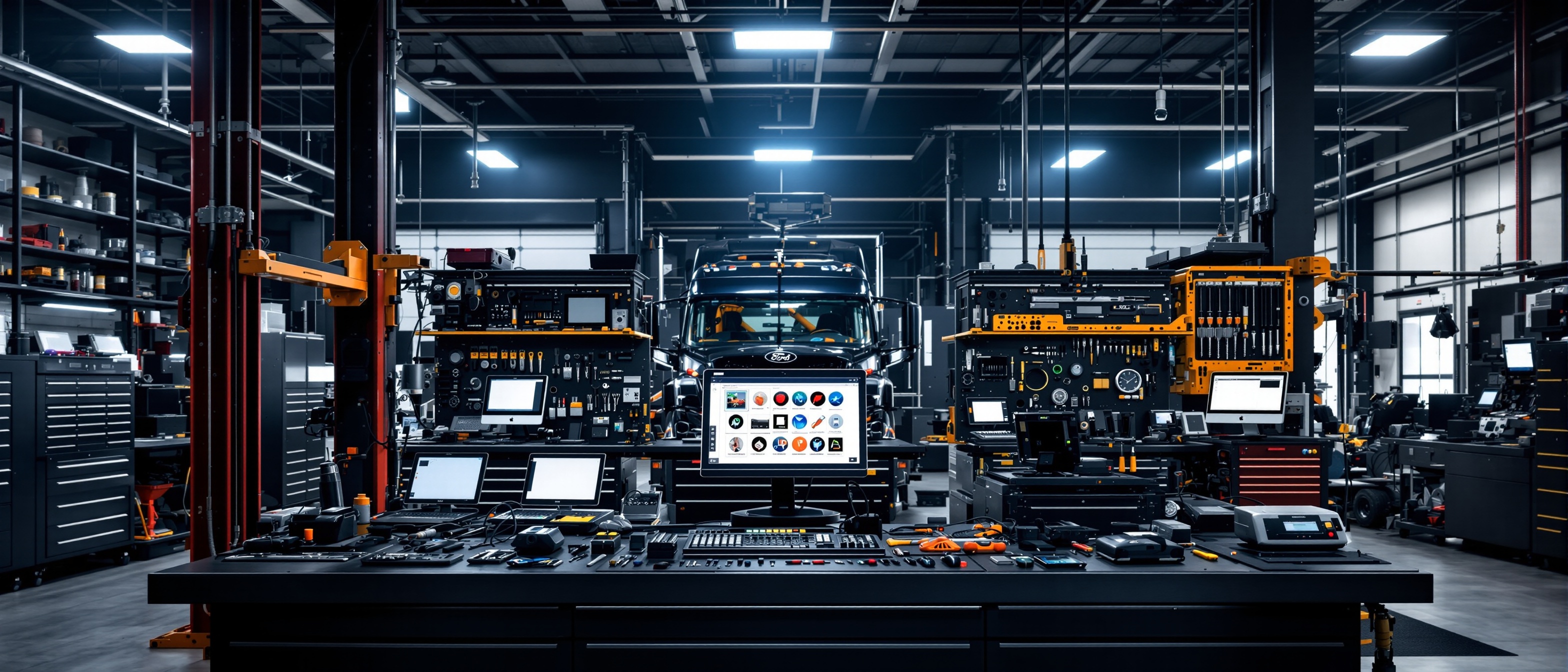 Oficina diesel movimentada com carretas