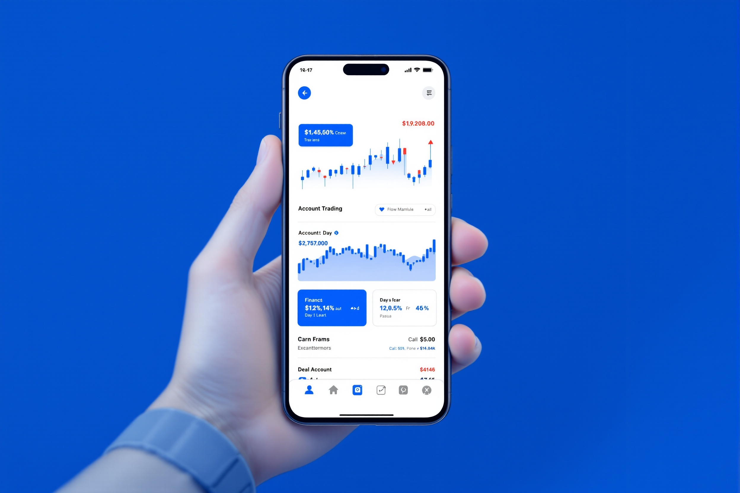 EC Markets App mobile trading interface with financial charts and account dashboard