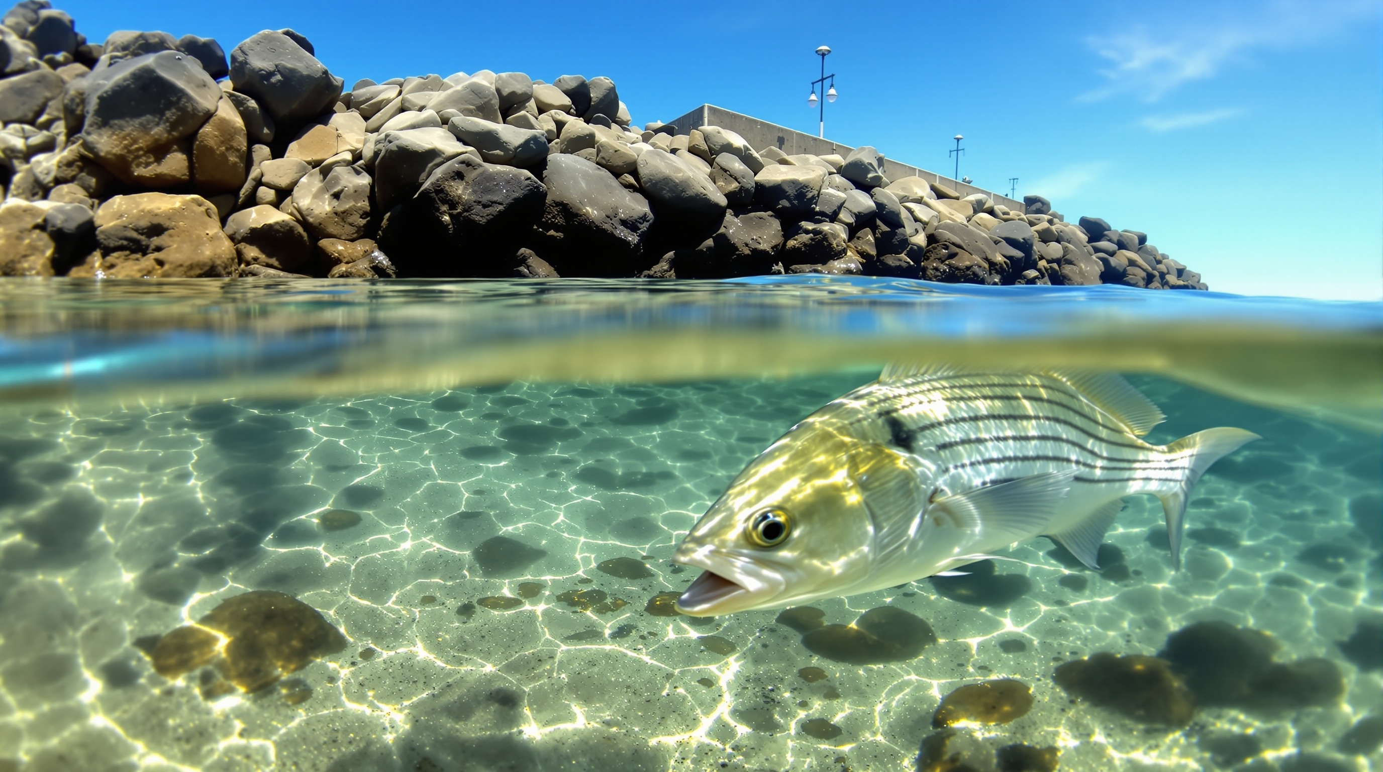 Striped Bass - SUP fishing target species Striped Bass in natural habitat for surfboard fishing