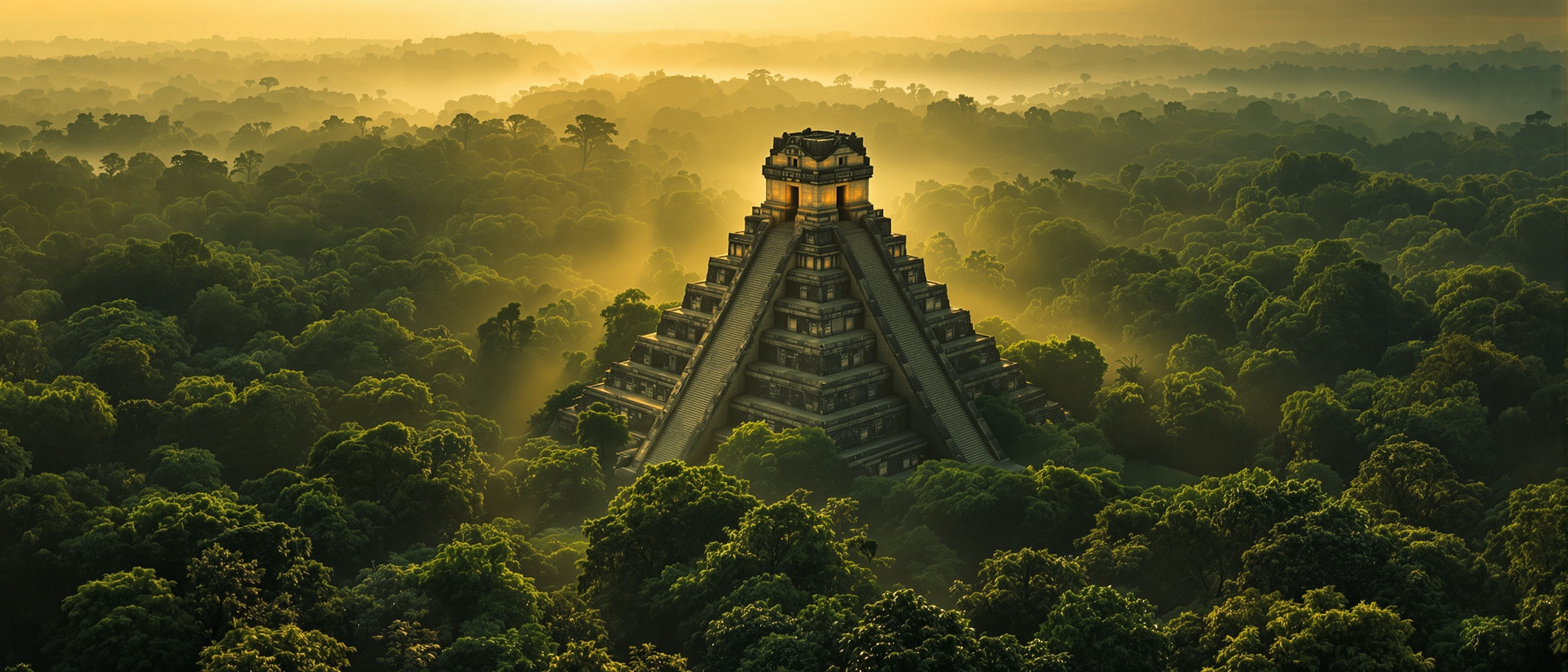 Tikal Guatemala ancient Maya pyramid Temple I rising above the jungle canopy at sunrise — UNESCO World Heritage Site in Petén