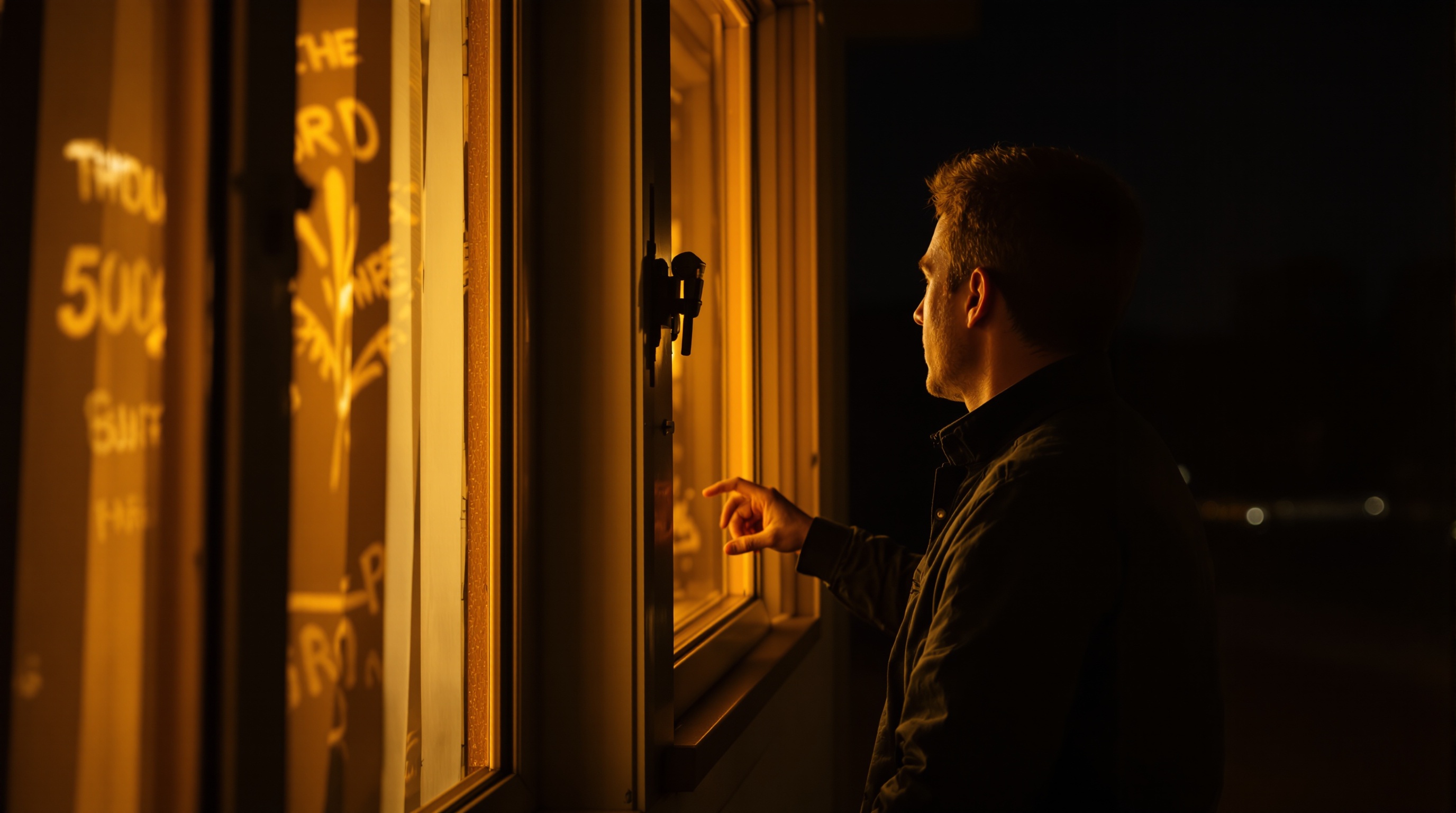 Person locked out of their house at night with warm porch lighting