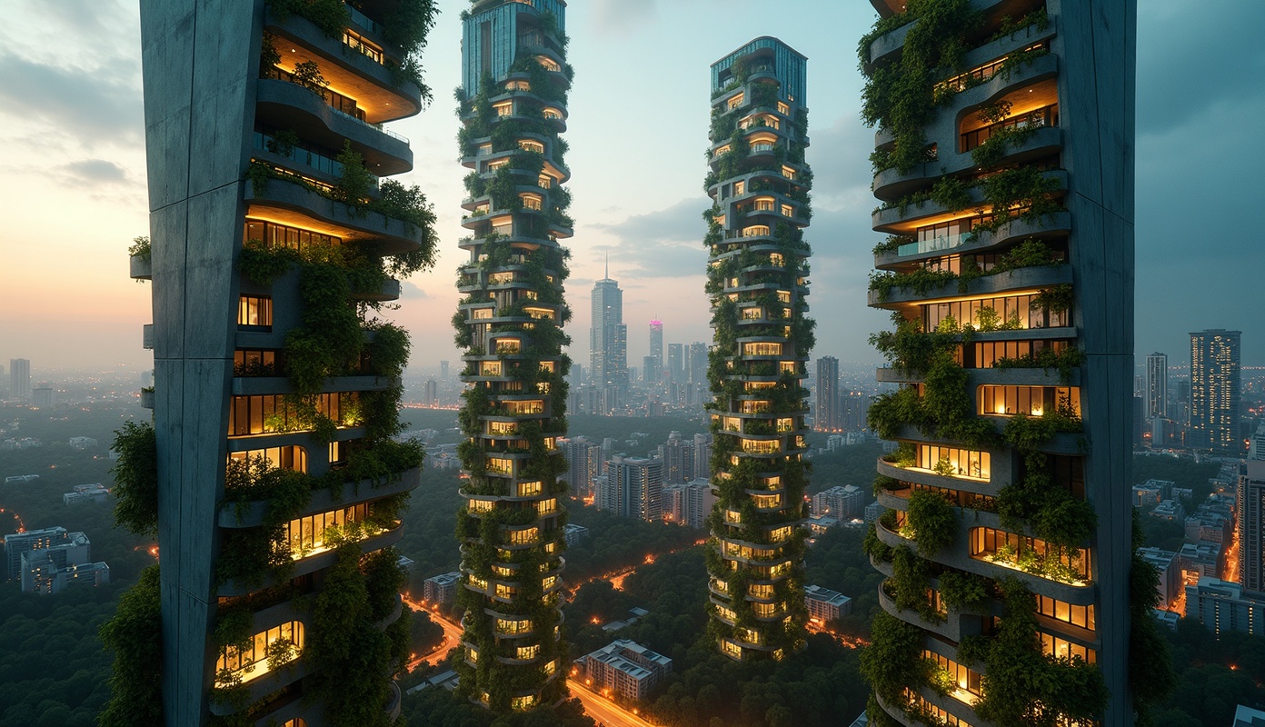 BLACK PEARL futuristic city skyline at dusk with illuminated vertical farm towers