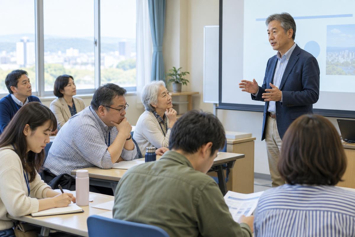 自治体や企業の人事・労務担当者に向けて、研修・講演で登壇して説明する講師の様子
