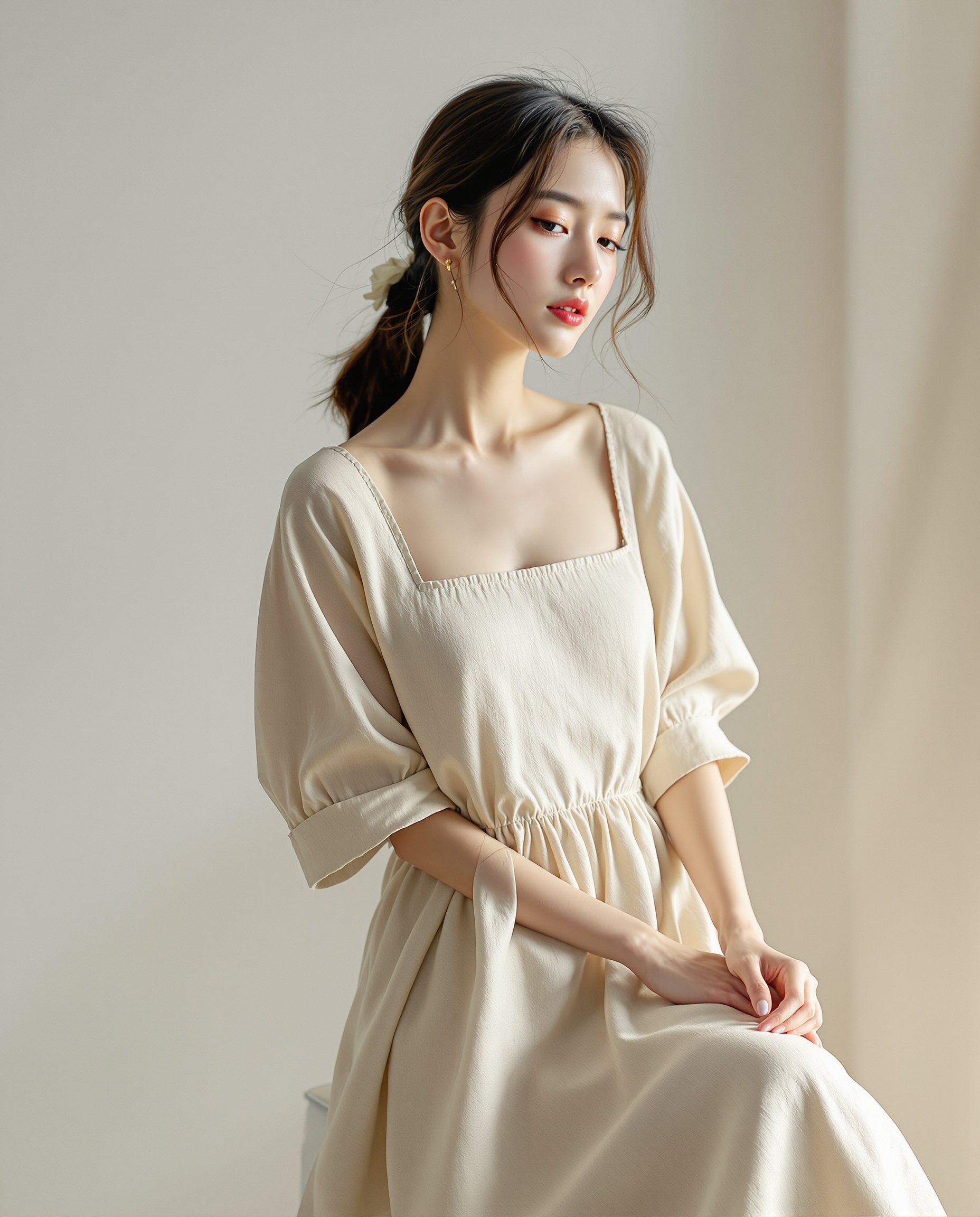 Váy linen dáng suông cổ vuông thiết kế độc quyền