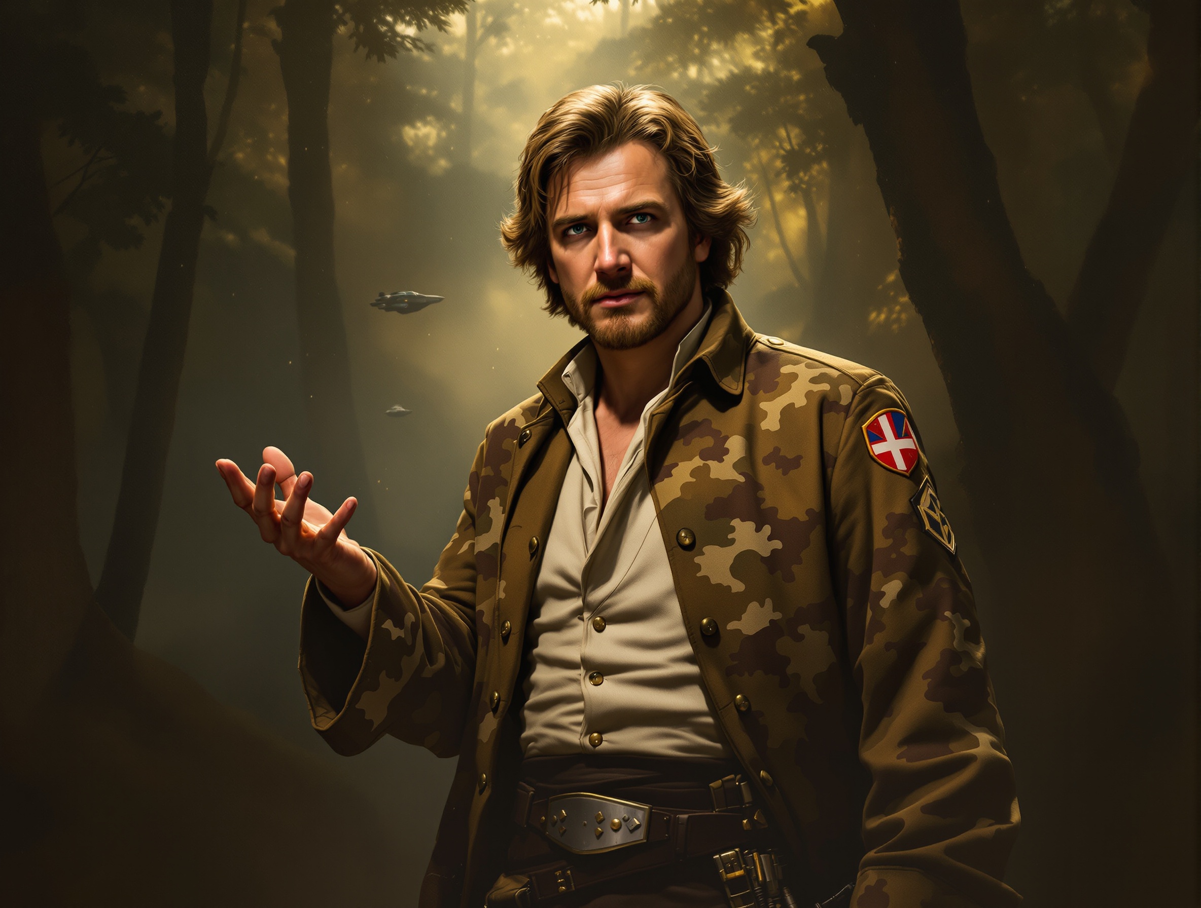 John Hancock in Han Solo's Return of the Jedi attire, shrugging with rebel confidence in an Endor forest setting