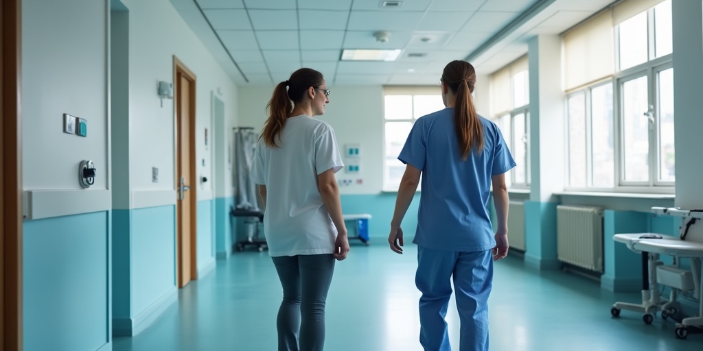 Patient recovering from endoscopic spine surgery with physical therapist guidance