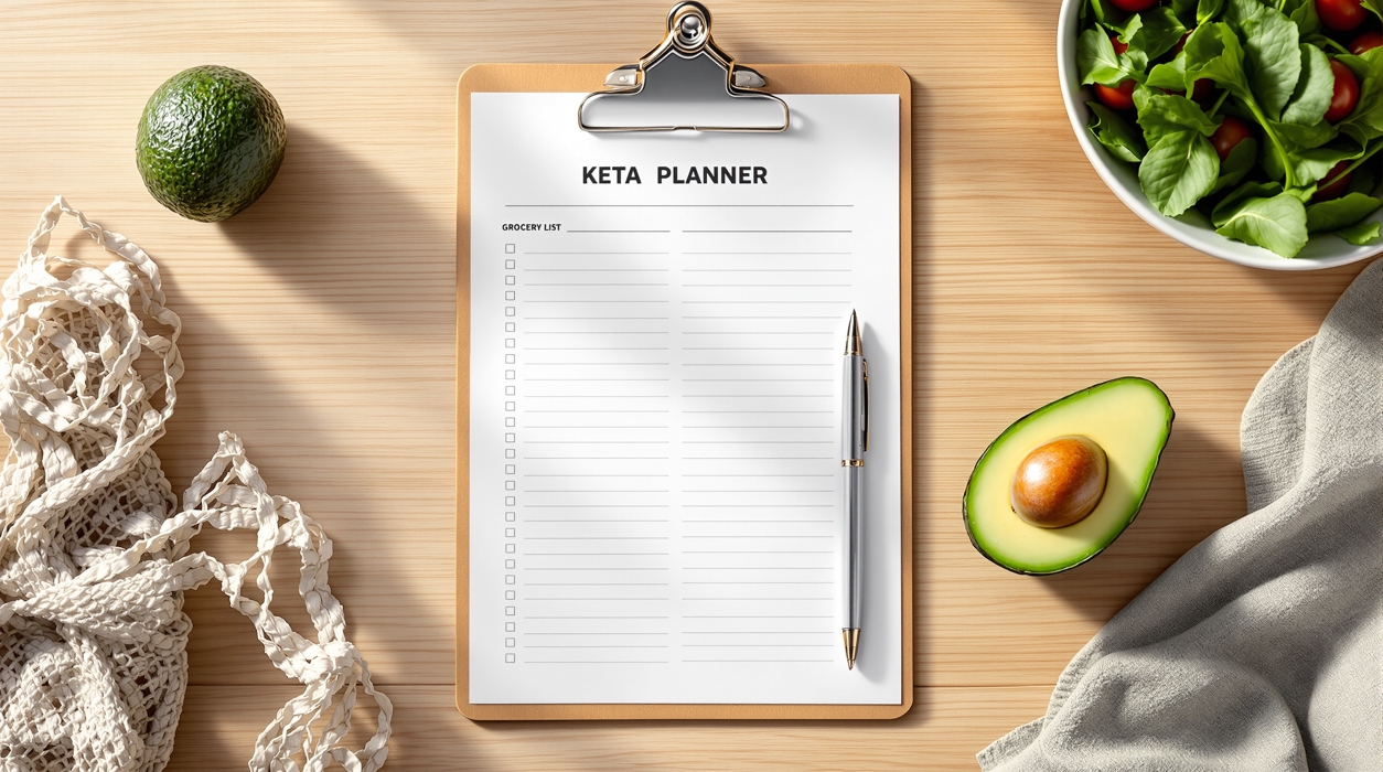 Printable keto meal planner template on a clipboard with a grocery list next to fresh low-carb vegetables and an avocado