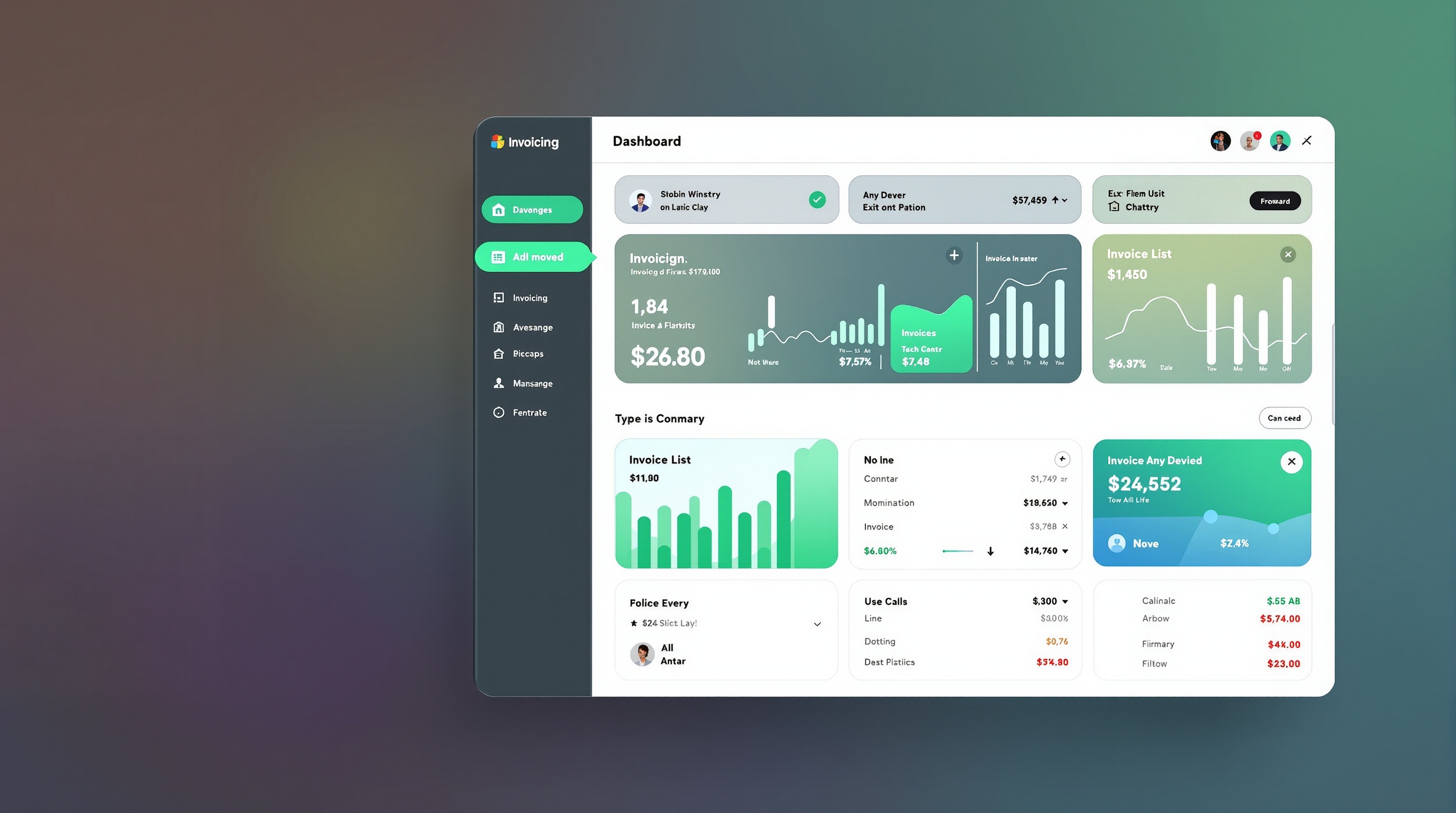 Billora dashboard preview showing invoice management, expense tracking, and financial overview