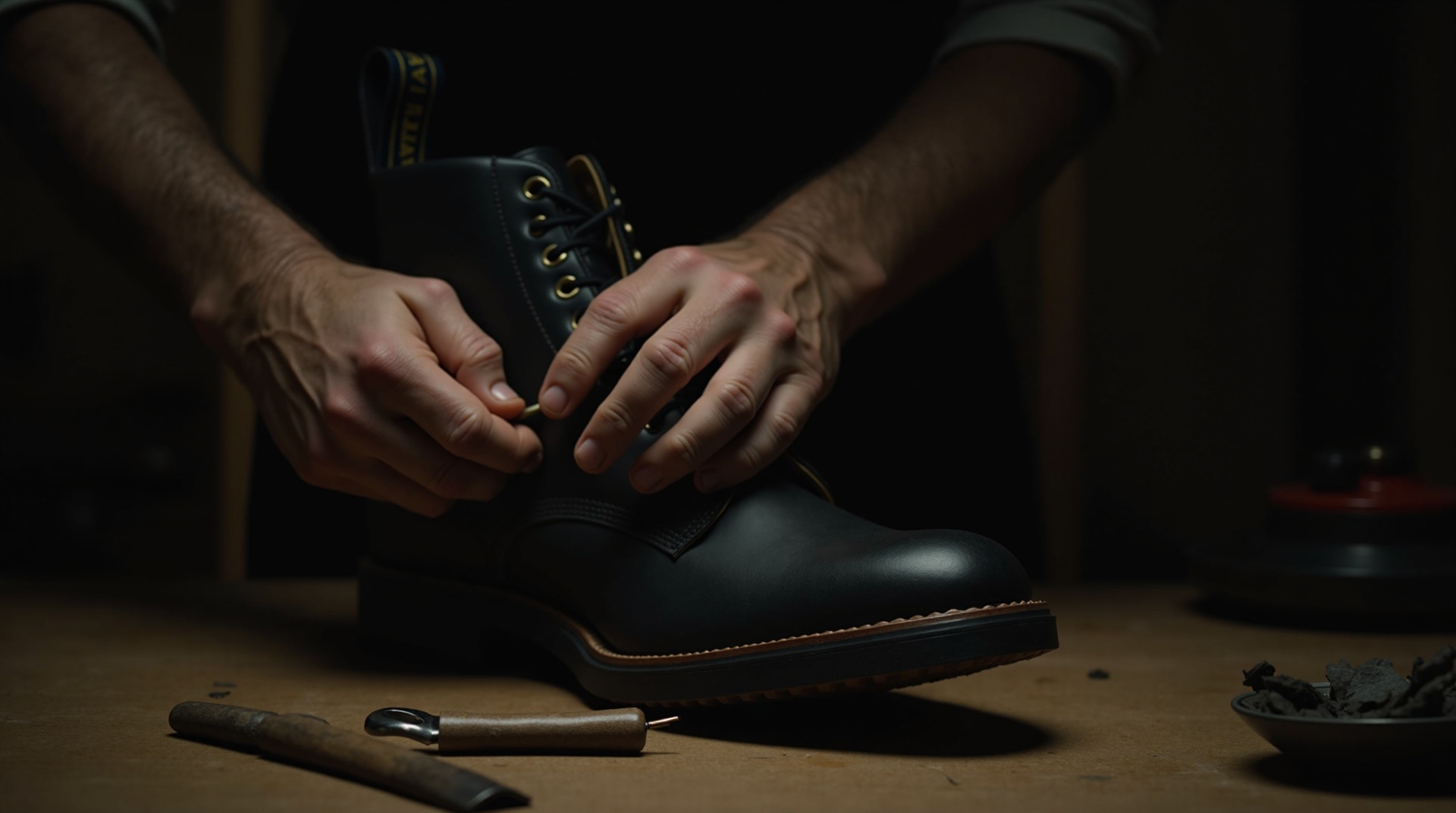 職人の手元で革を縫う