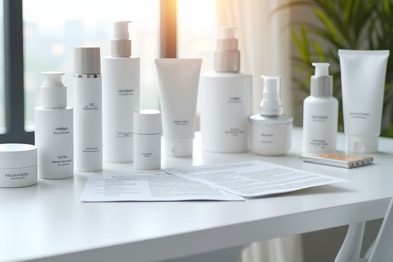 Korean cosmetic manufacturing consultation desk with product samples and formulation documents