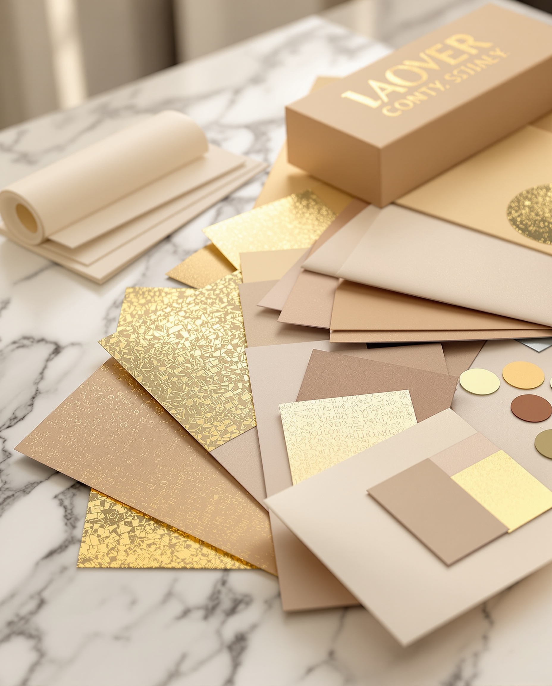 Premium packaging material samples and prototypes on a consultant's workspace