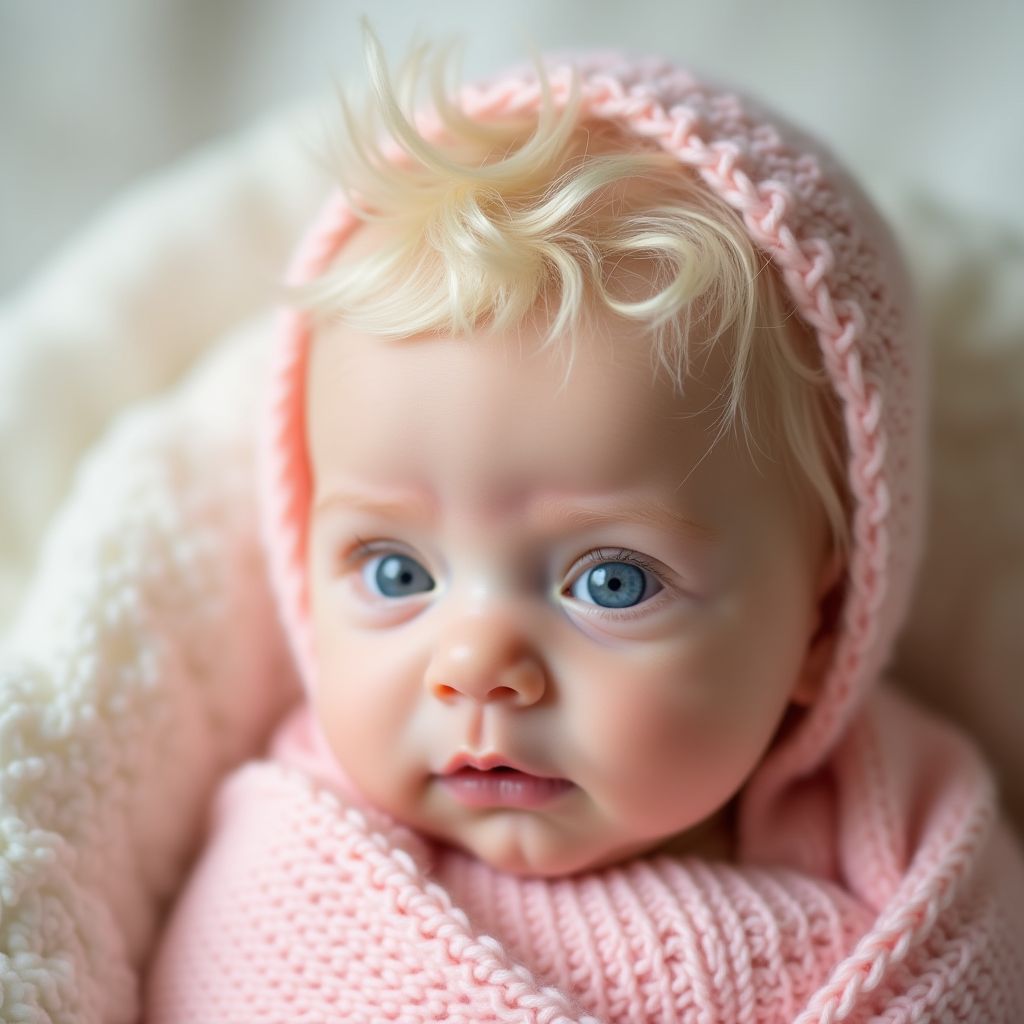 Beautiful newborn baby with very platinum blond curly hair portrait