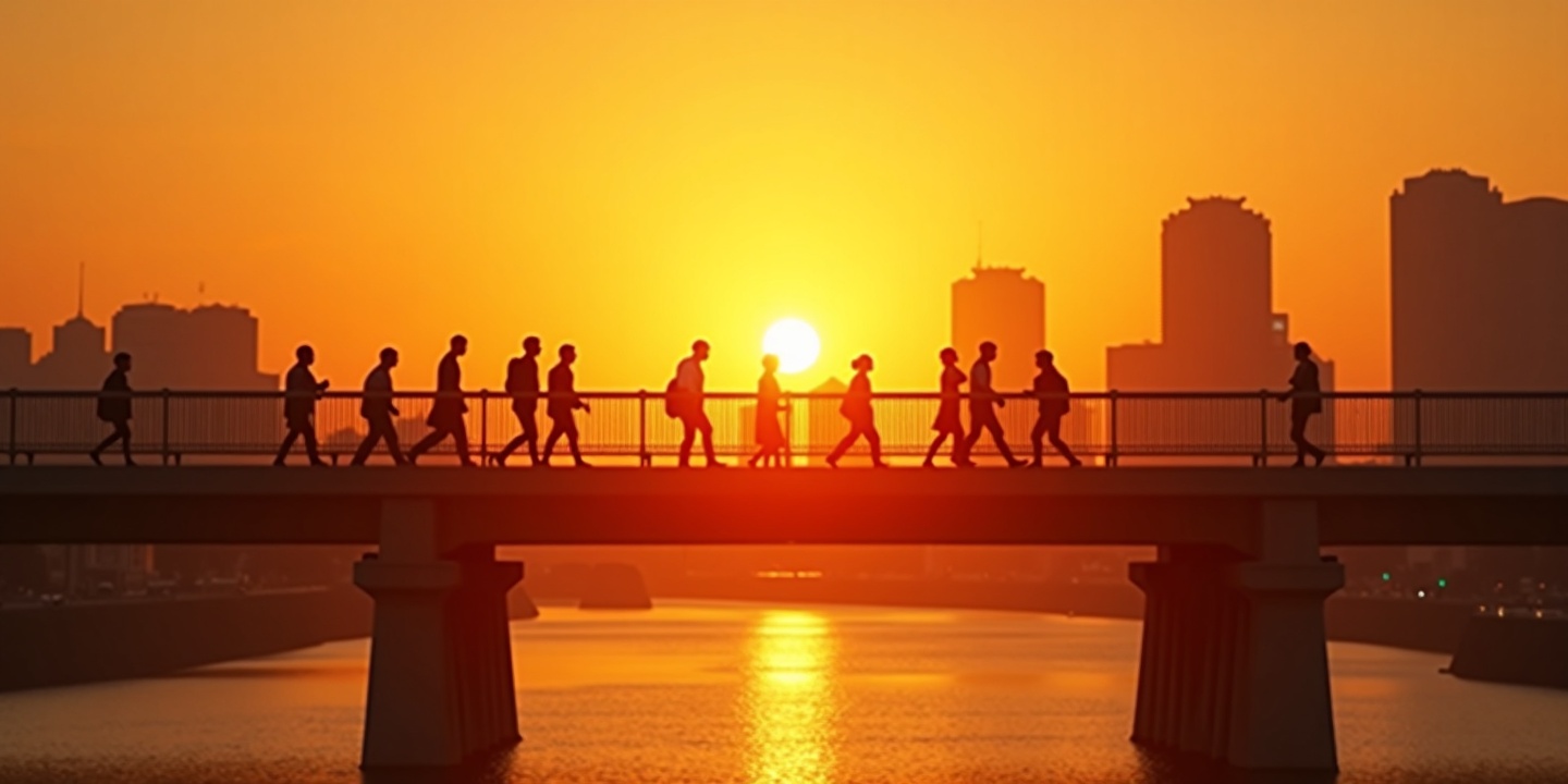 Diverse people crossing a bridge together at sunset in Japan