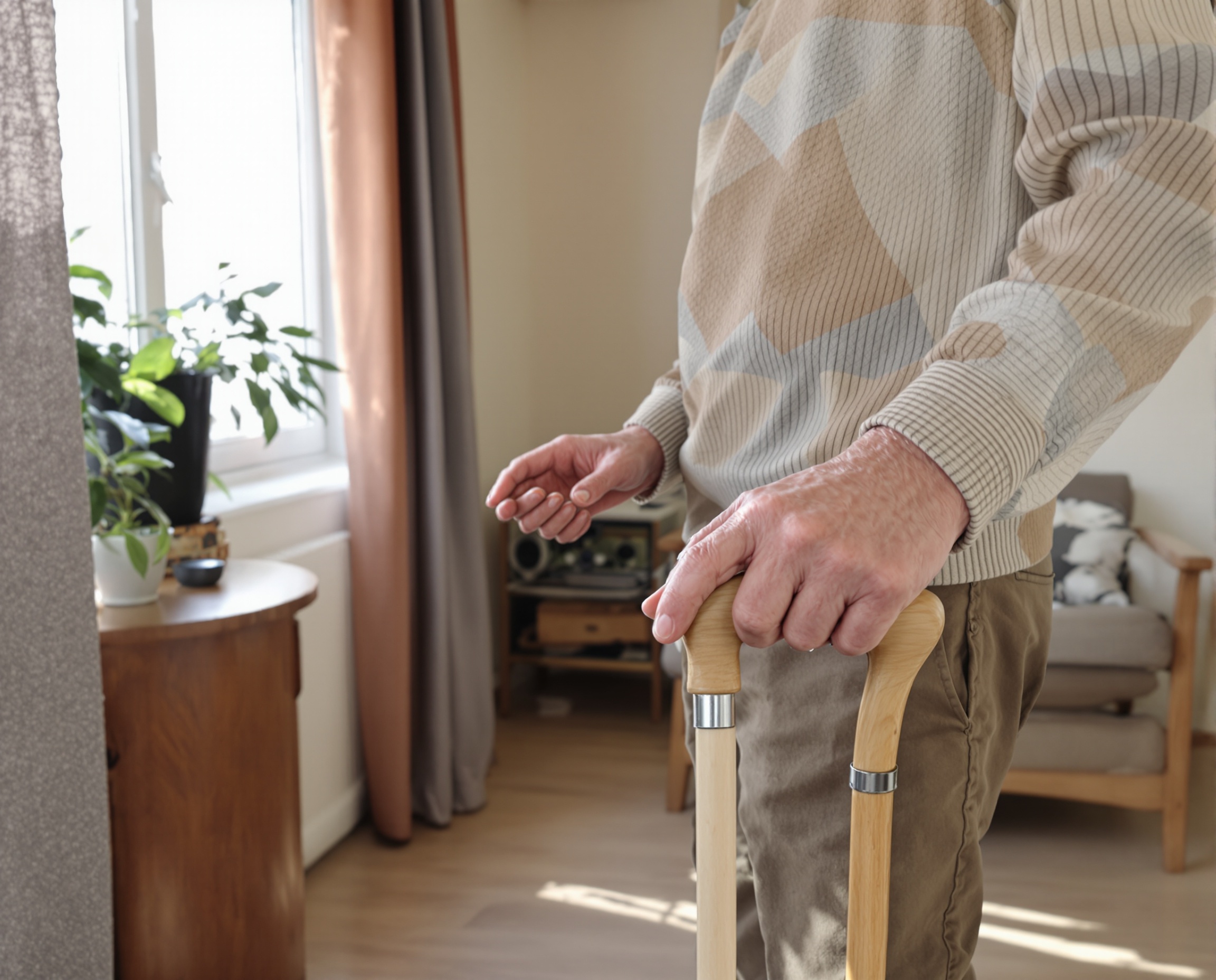 Senior man showing how to hold a cane correctly