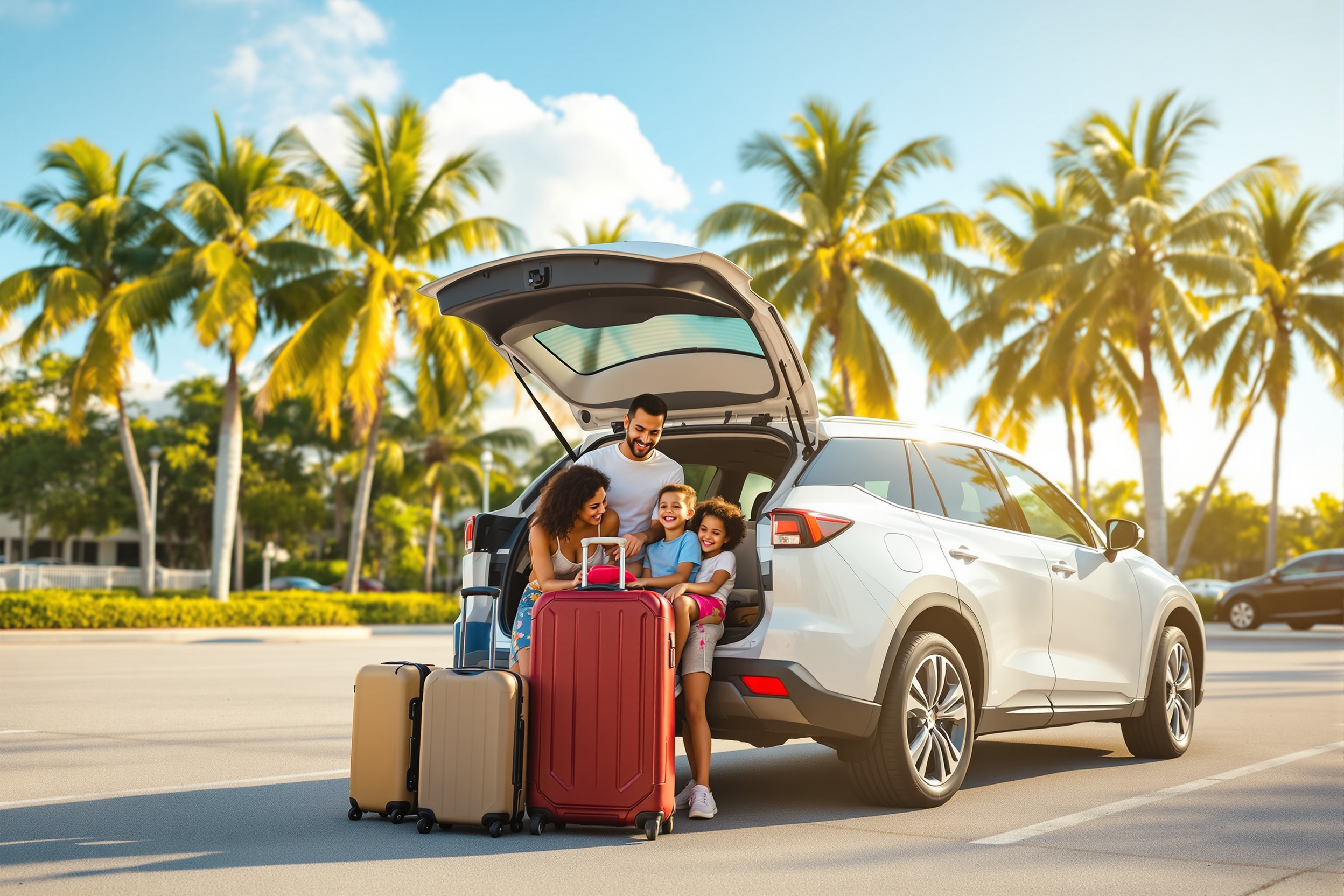 Família feliz com carro alugado em Orlando