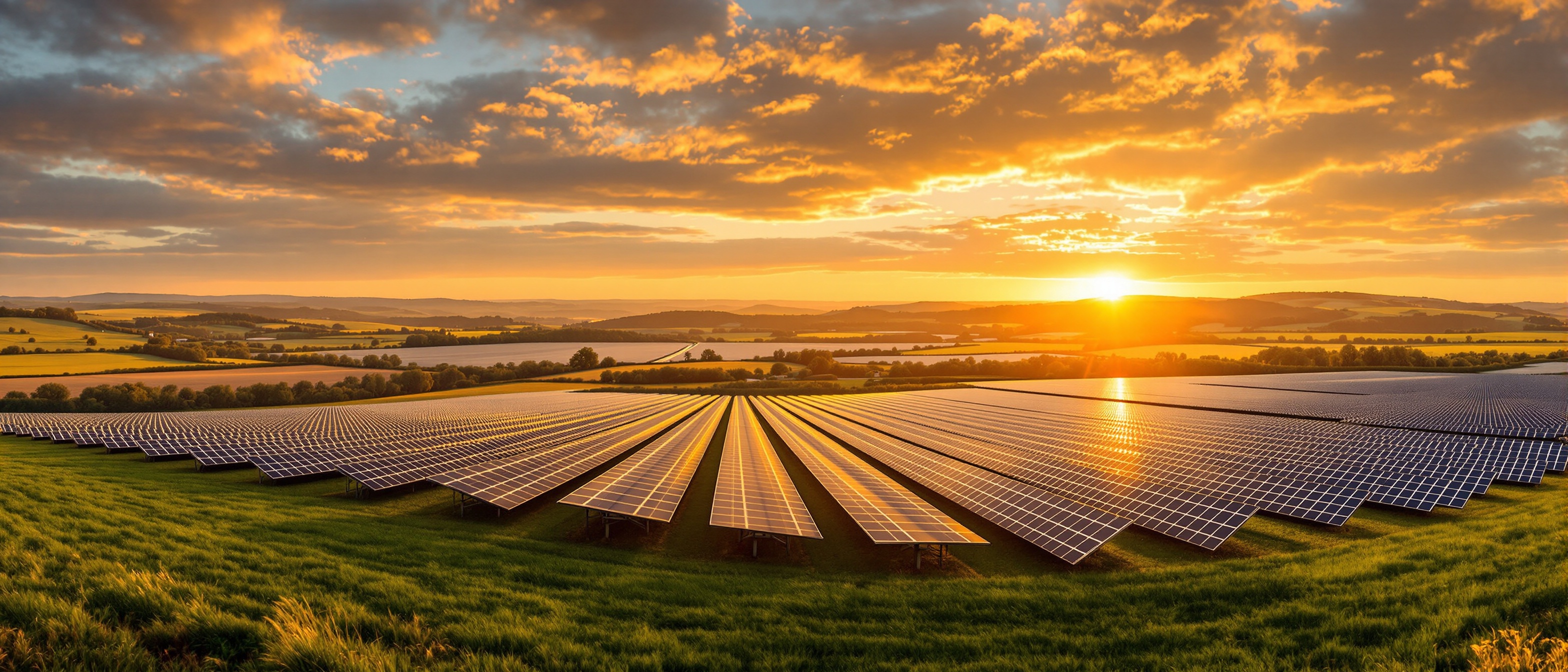 UK solar farm at sunset