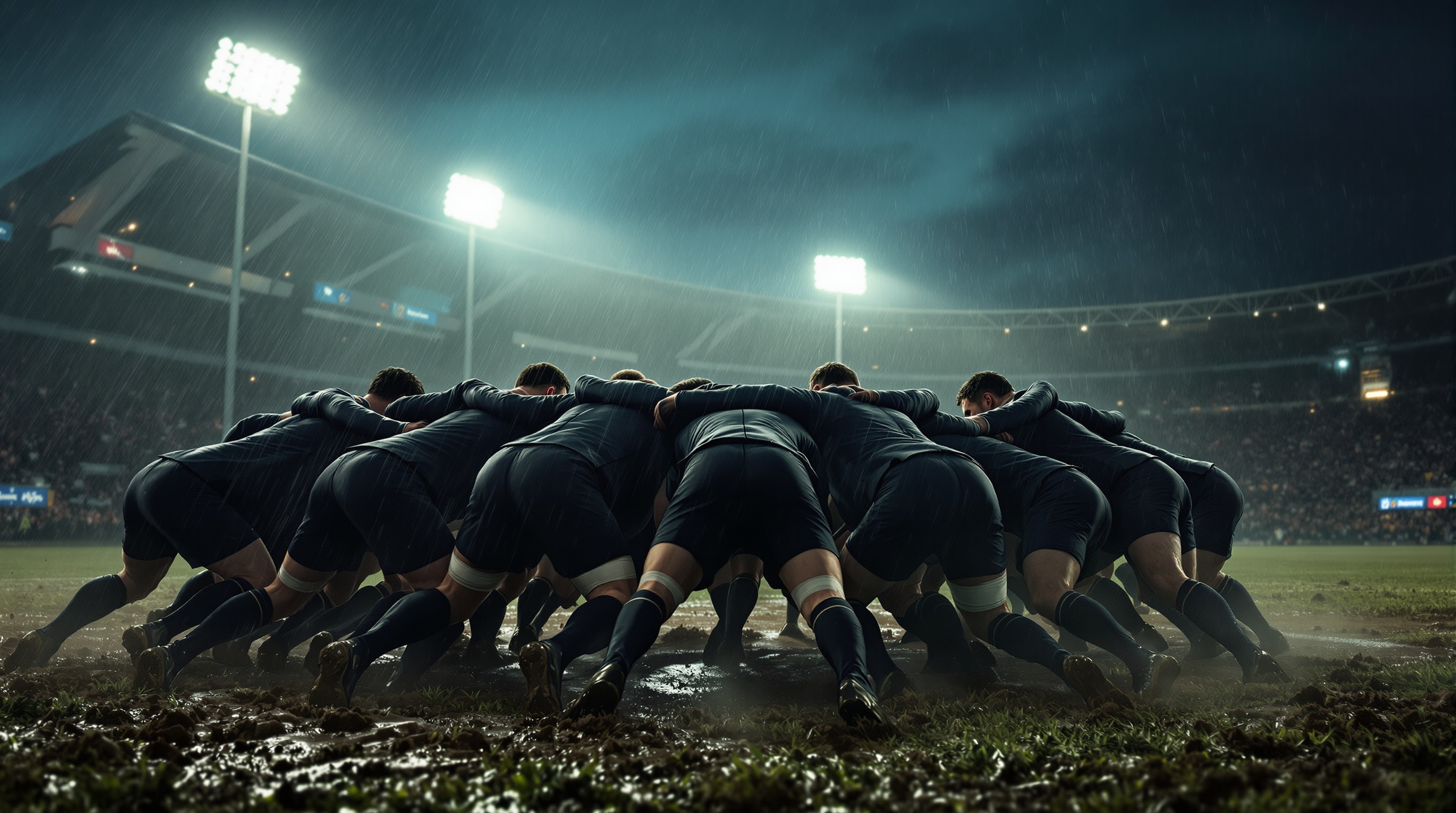 夕暮れの雨に濡れた都会のフィールドで、ダークスーツのプロフェッショナルたちが固くスクラムを組んでいる。表情には激しい肉体的努力、揺るぎない闘志、深い相互リスペクトが表れている。スタジアムの照明が大雨と霧を突き抜け、集団的忍耐の力を際立たせている。