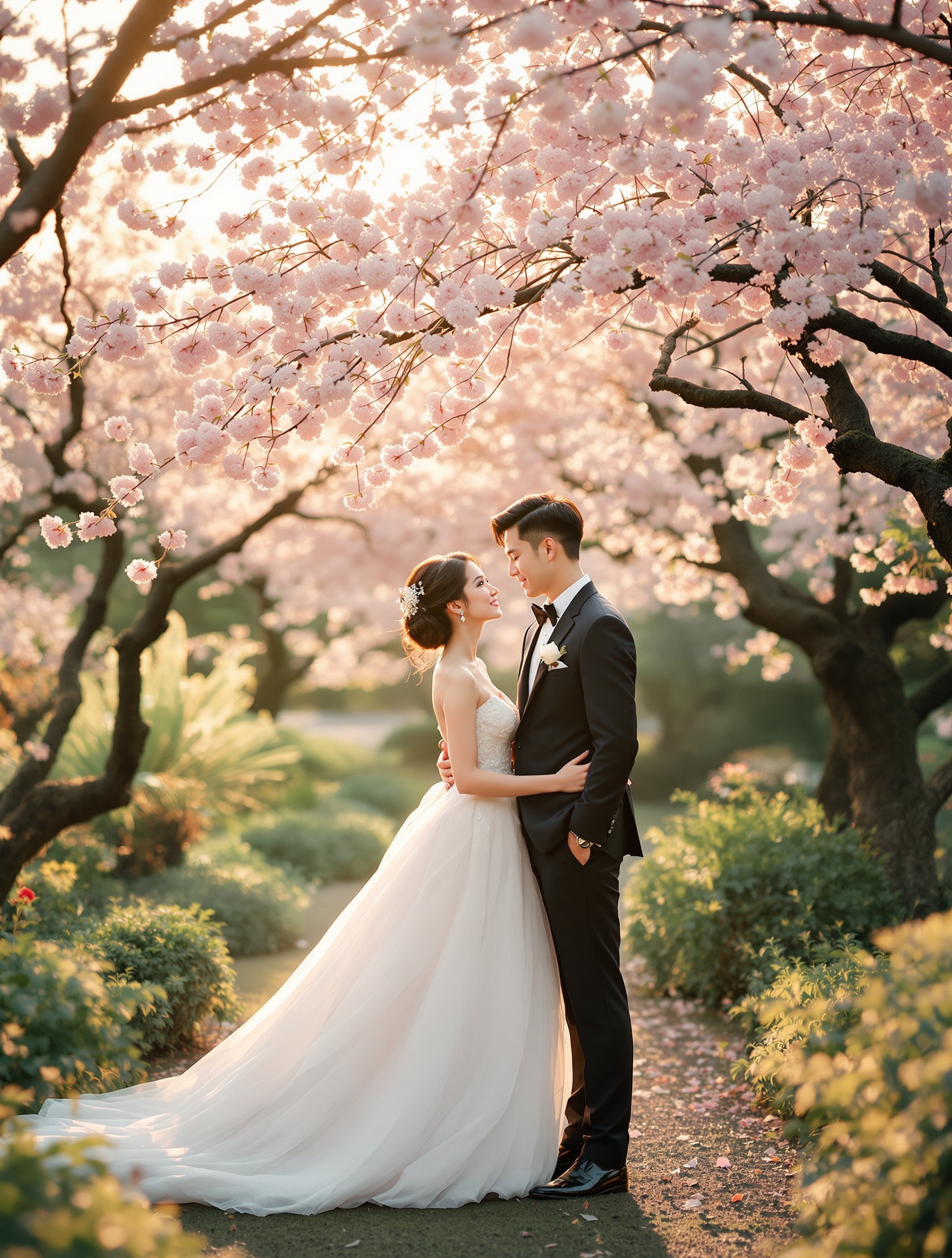 新人在櫻花樹下的婚紗照