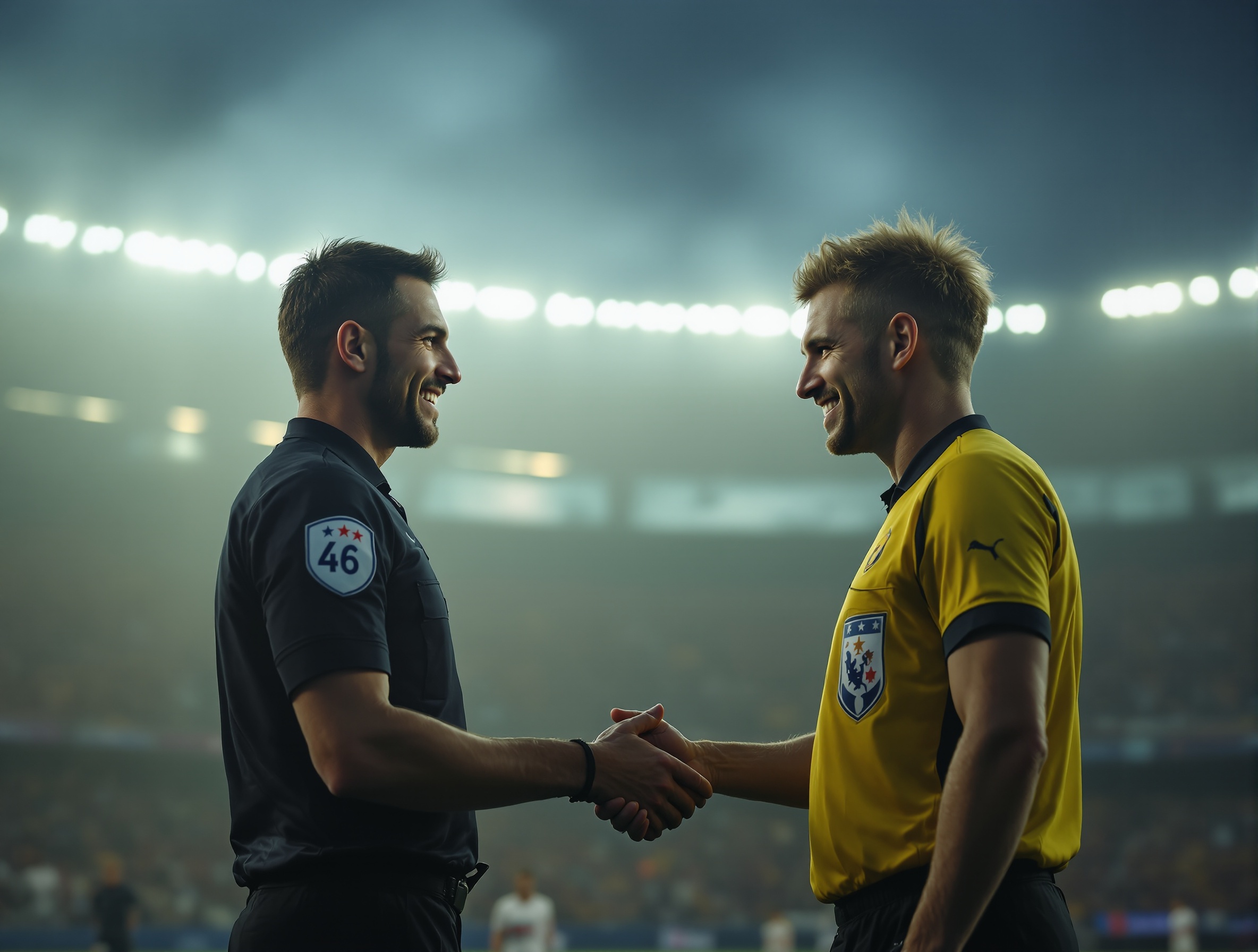 激しい試合の合間、緊迫したピッチの上で、キャプテンマークをつけた選手が主審に対して爽やかな笑顔で語りかけ、主審もそれに応えて穏やかに頷いているカット。単なる抗議やエゴのぶつかり合いではなく、対話によって意思決定者を味方につけ、ゲームの主導権(関係性のパズル)を握るプロフェッショナルな交渉術を表現。