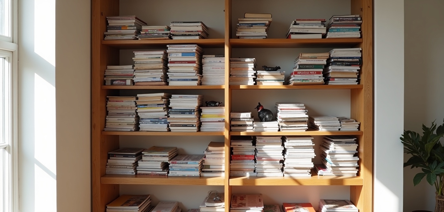 Stack of magazines on a bookshelf at home
