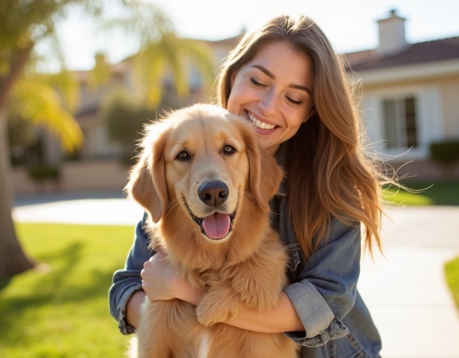 Happy dog owner after grooming