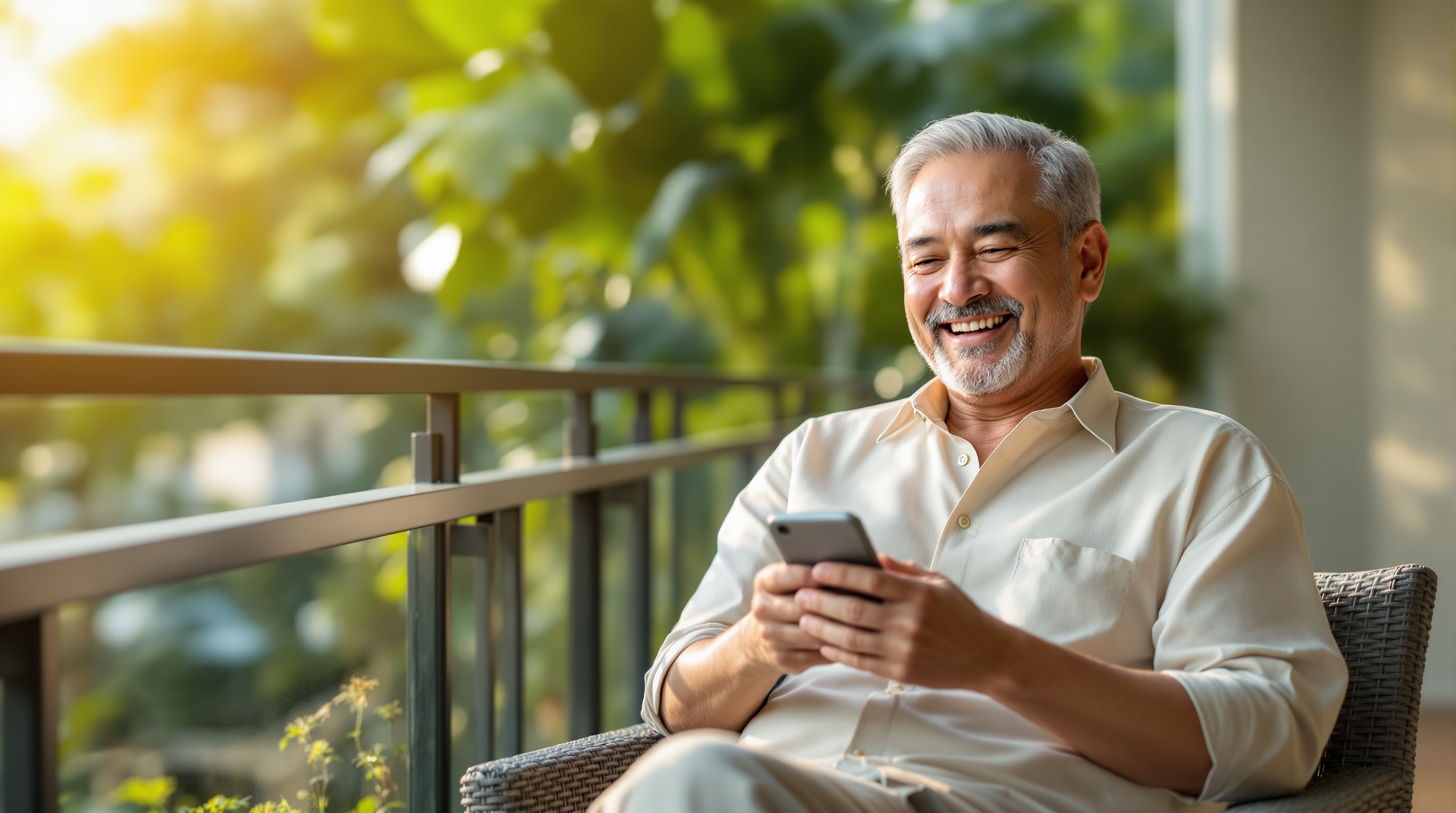 Pak Mat relaxing at his balcony with his smartphone