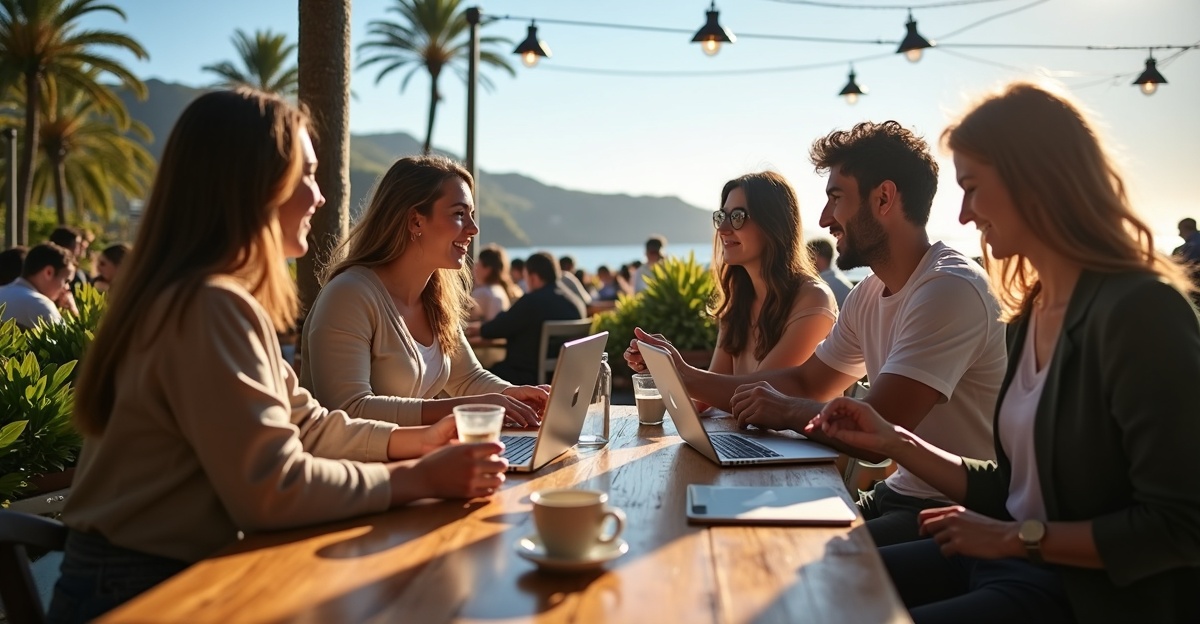 Digital nomad community gathering at outdoor café in Ponta Delgada, São Miguel, Azores