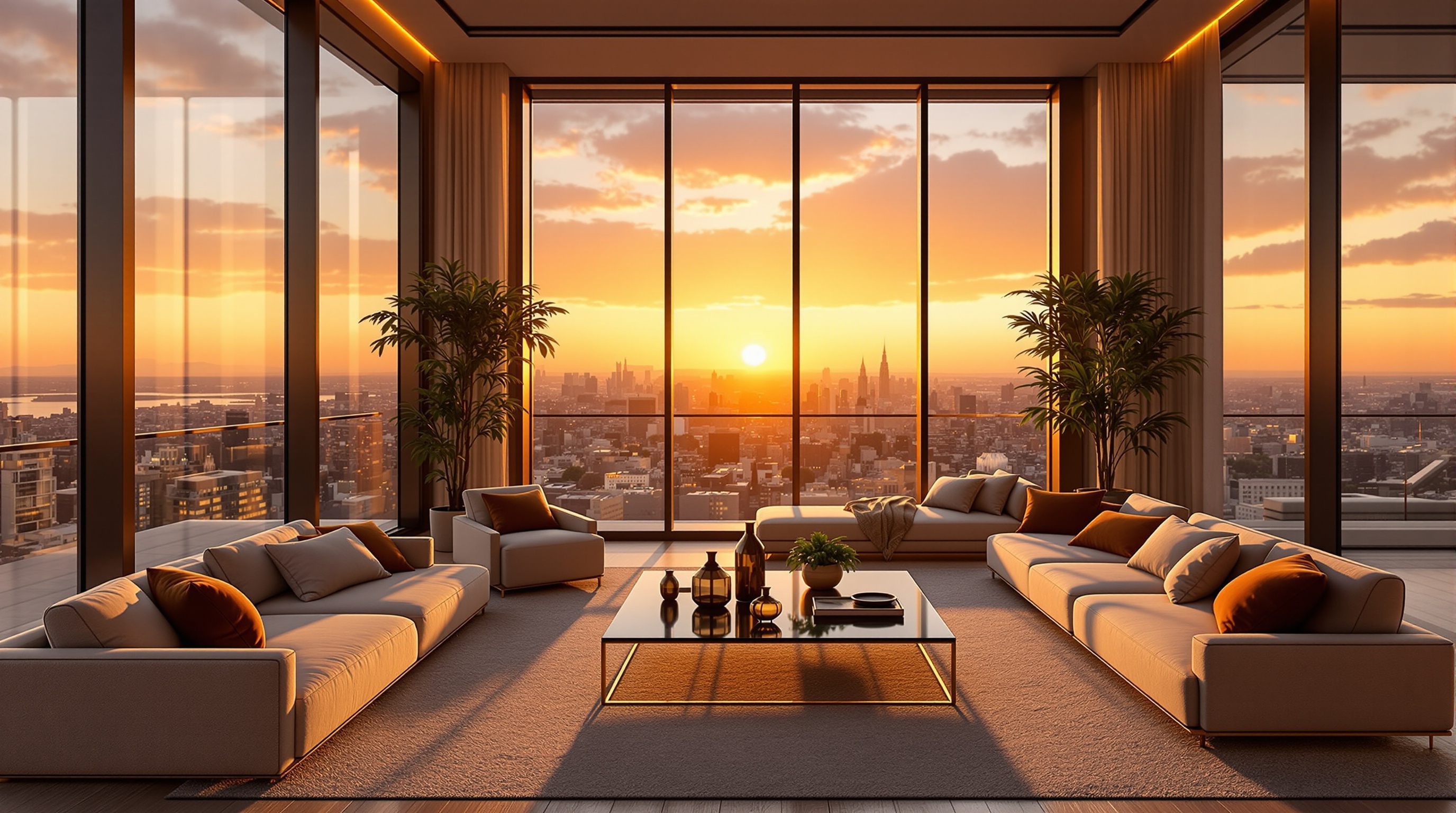 A luxury penthouse at sunset with floor-to-ceiling glass walls, warm golden light flooding the interior, slow cinematic dolly-in revealing a perfectly set dining table