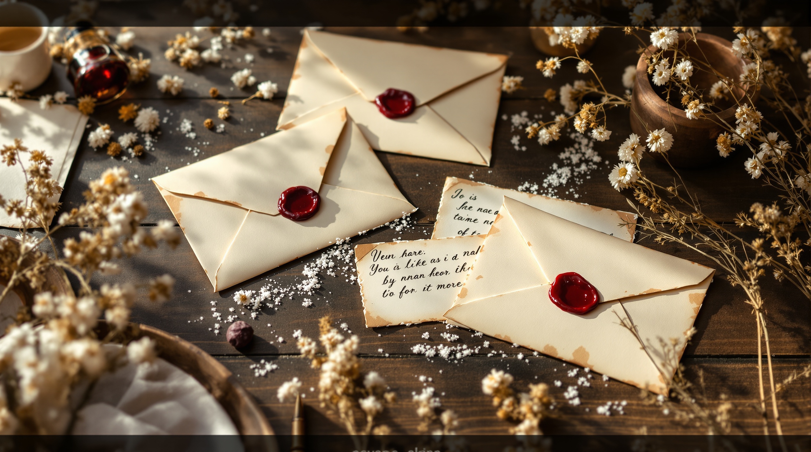 Vintage envelopes and letters on a rustic wooden desk