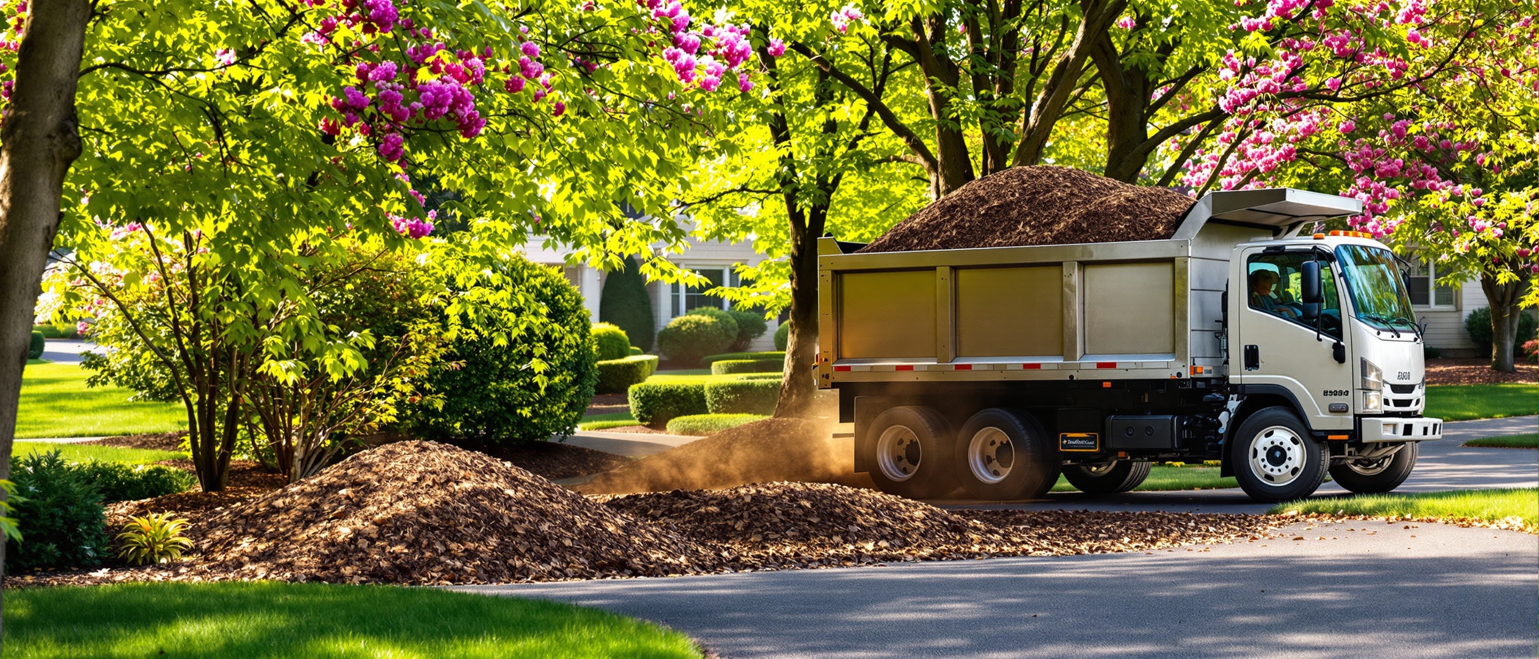 Foraker Landscaping bulk mulch delivery truck arriving at Bucks County PA residential property – brown mulch pile on driveway surrounded by green trees