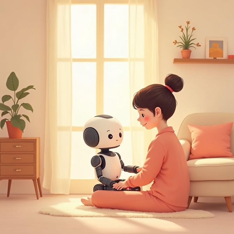 따뜻한 분위기의 부모와 AI 친구 캐릭터 일러스트
