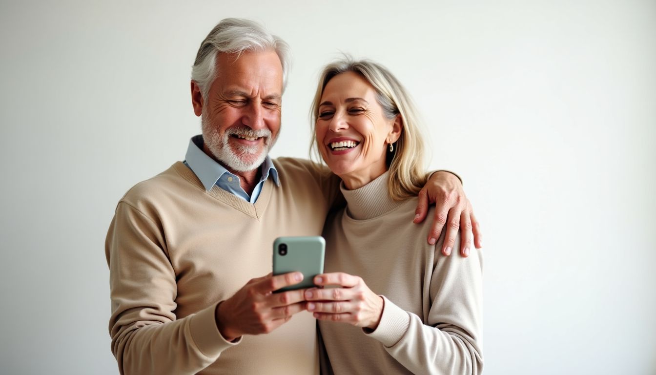 Casal de aposentados usando smartphone para acessar serviços financeiros