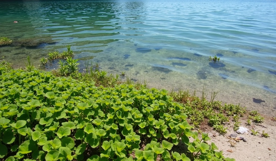 Dense aquatic lake weeds growing along a Northern Michigan shoreline in summer